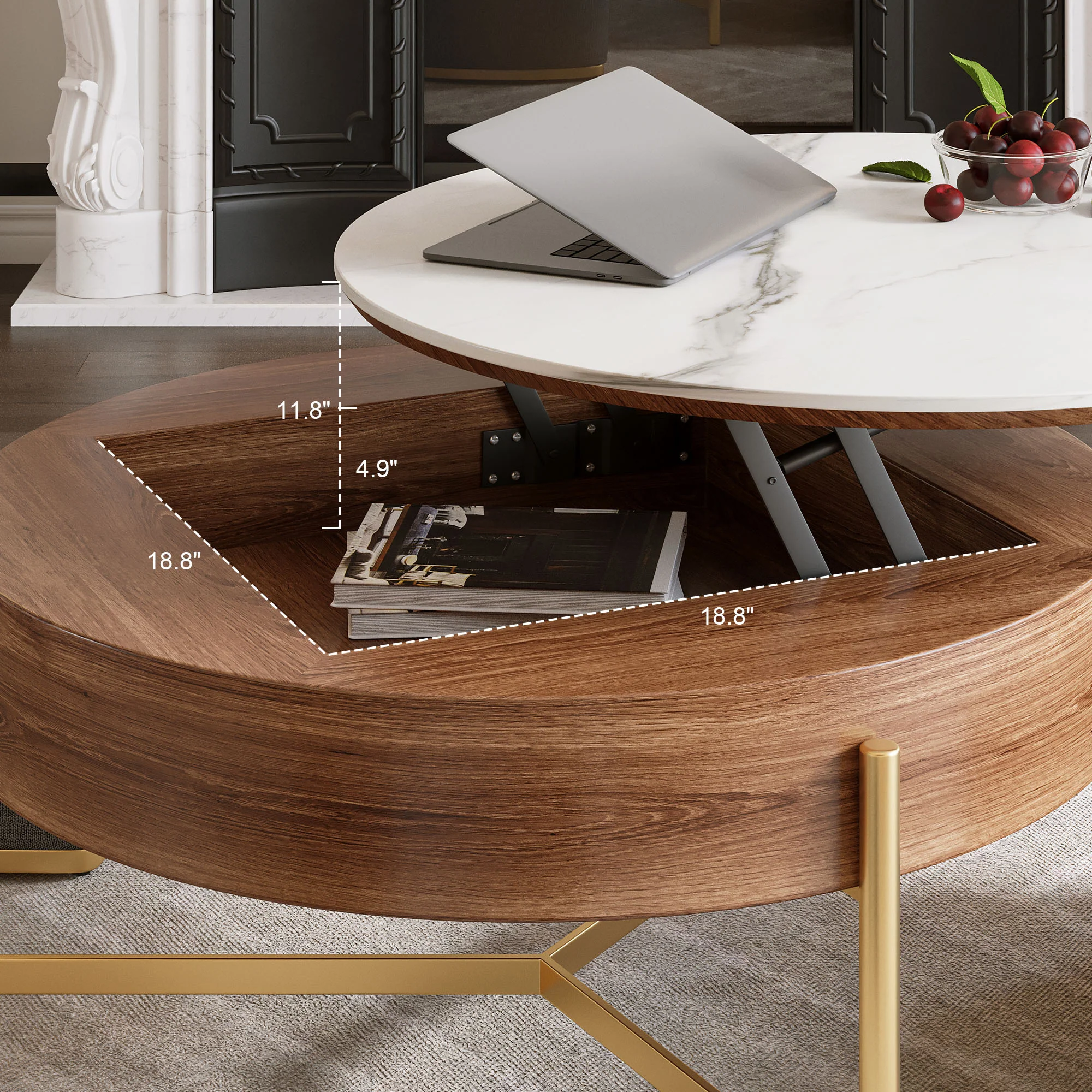 Walker Edison | Modern Lift-Top Round Coffee Table with Storage and Nesting Ottomans