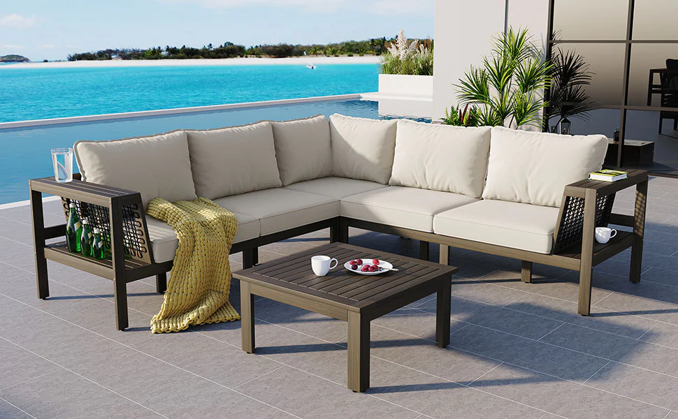 Walker Edison | Acacia L Shape Wood 4 Pieces Outdoor Sofa Set
