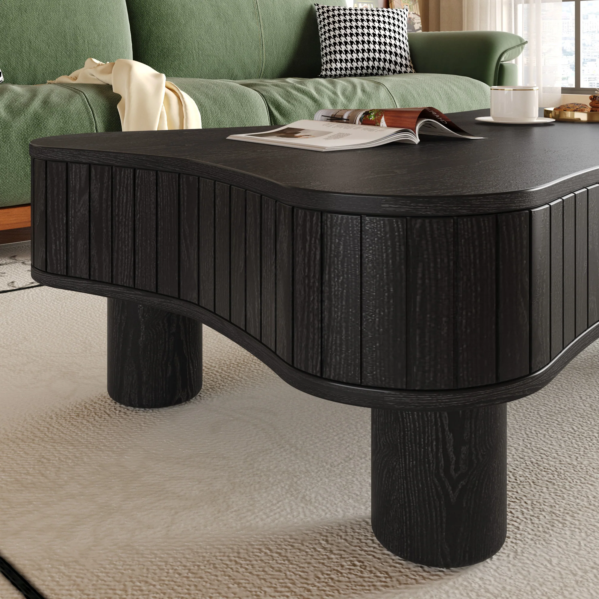 Walker Edison | Black Reeded Curve Design Lift Top Coffee Table and Desk