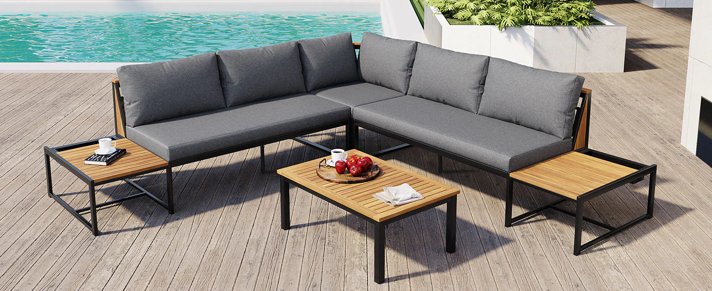 Walker Edison | 4 Pieces Outdoor Patio Sofa Sectional Set with Coffee and Side Tables