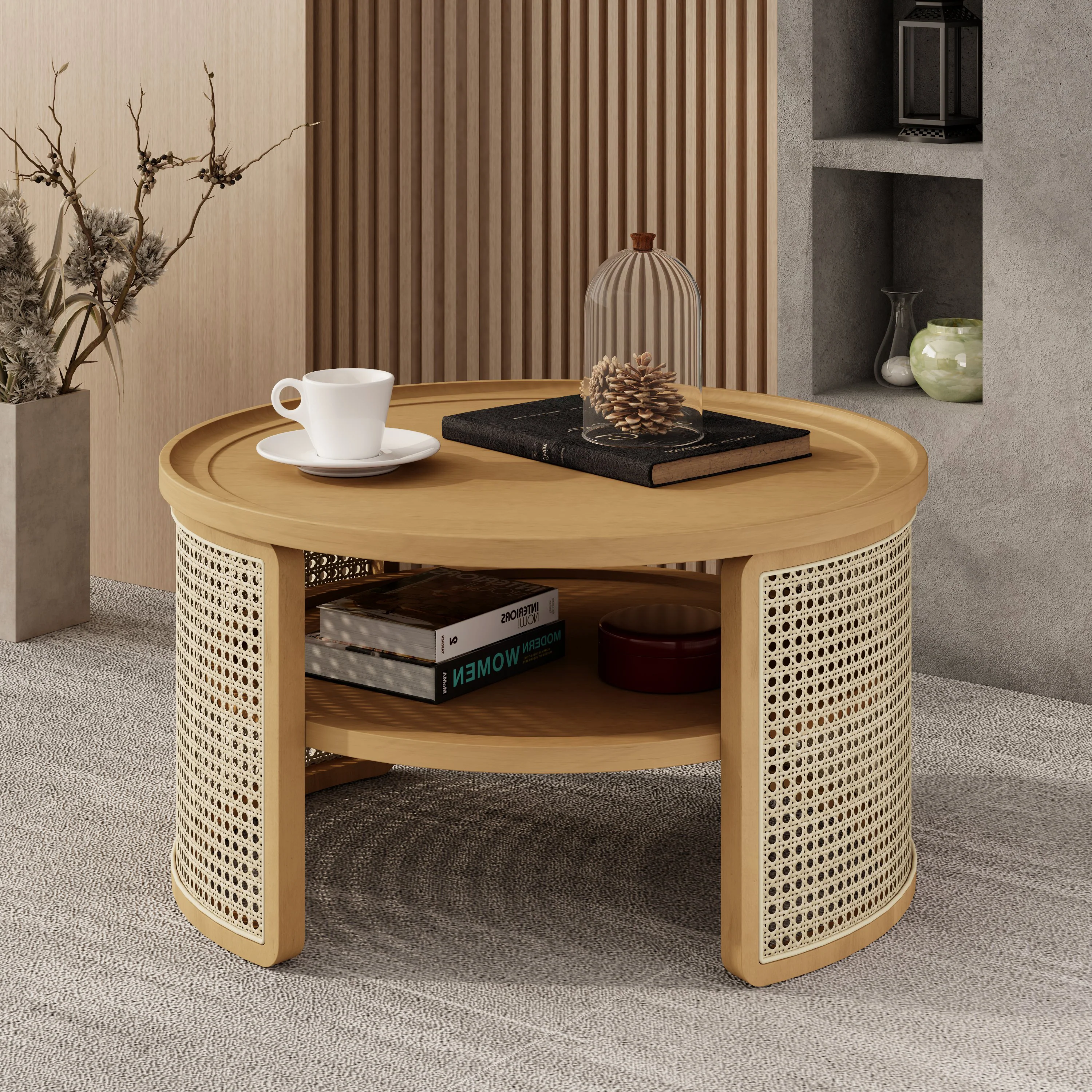 Walker Edison | Tiered Round Rattan Coffee Table with Storage