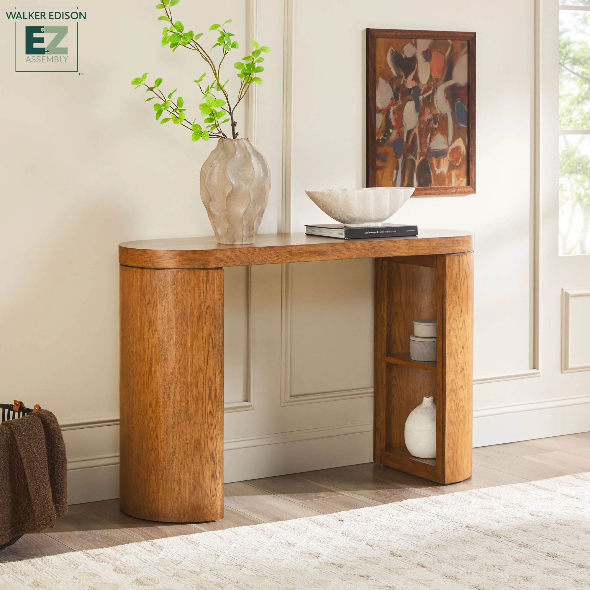 Maya 48 Modern Easy Assembly Oak Wood Veneer Console Entry Table with Storage