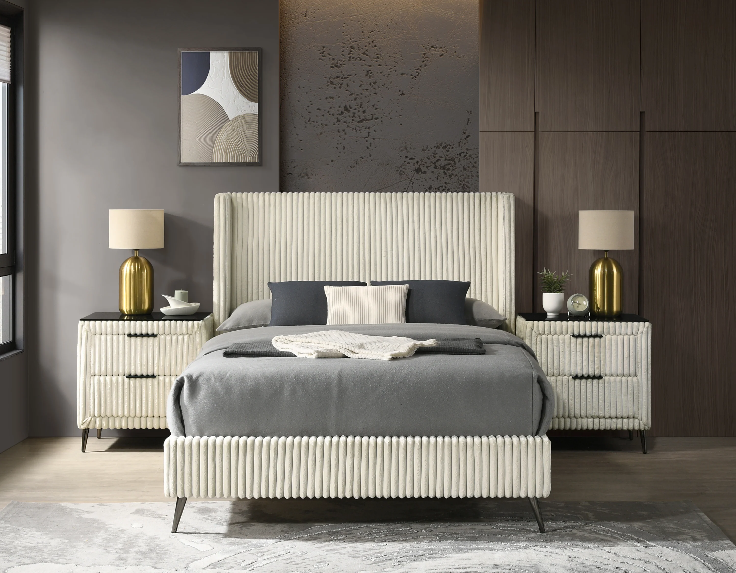 Walker Edison | Corduroy Upholstery Queen Bed with 2 Nightstands and Bench