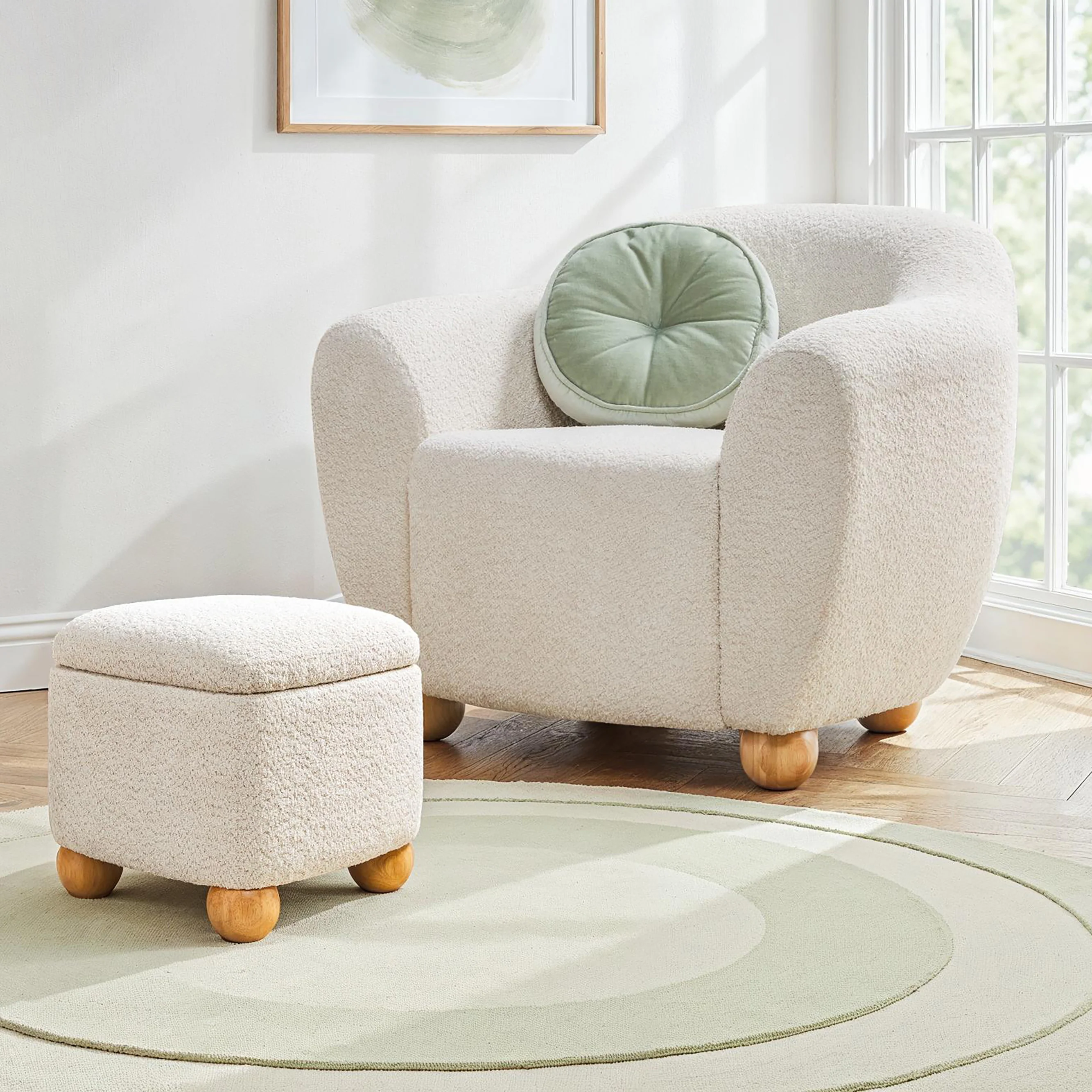 Linley Contemporary Bouclé Upholstered Accent Chair with Ottoman Set