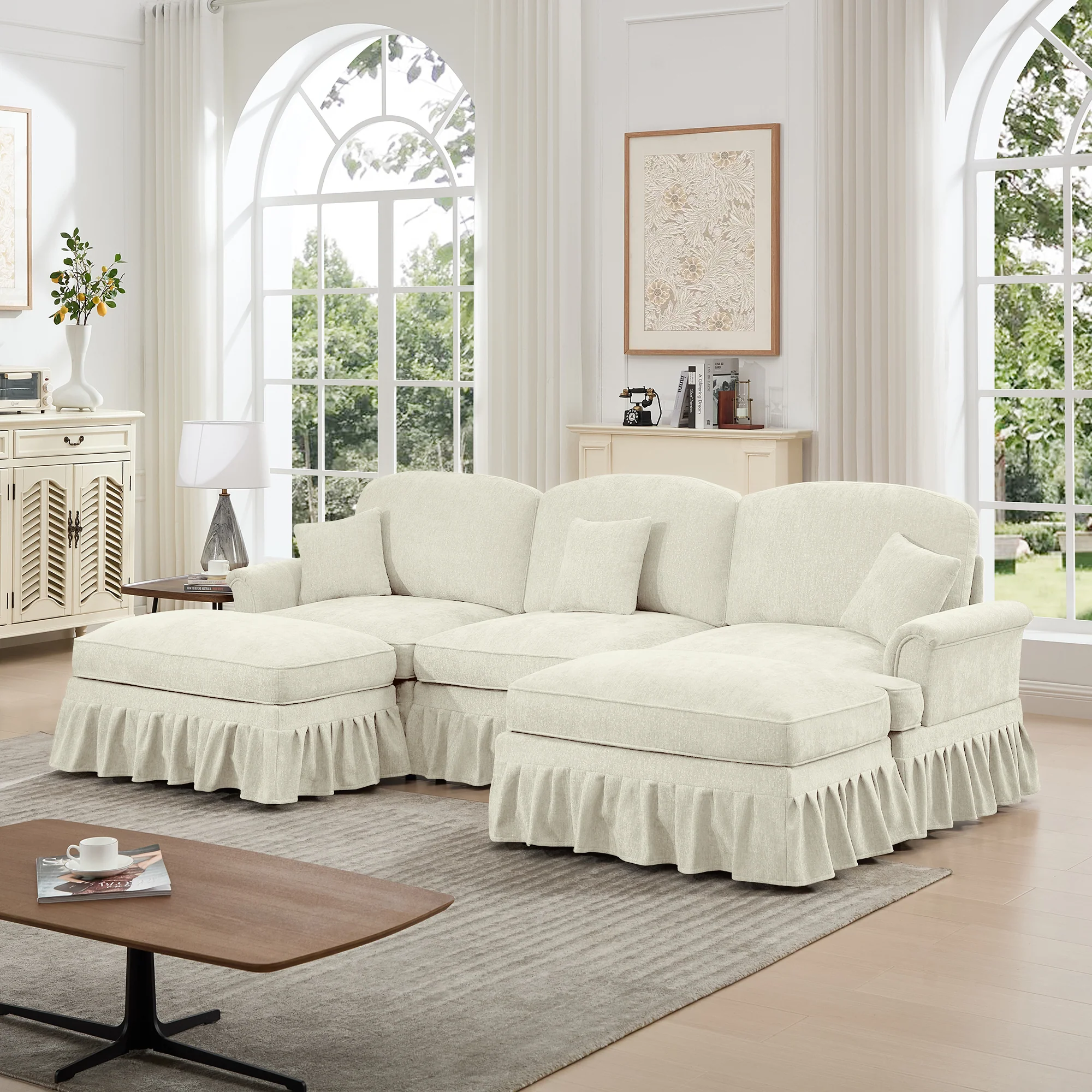 Walker Edison | 2 in 1 Classic Traditional Style Sectional Sofa with Removable Ruffles Pleats Skirts
