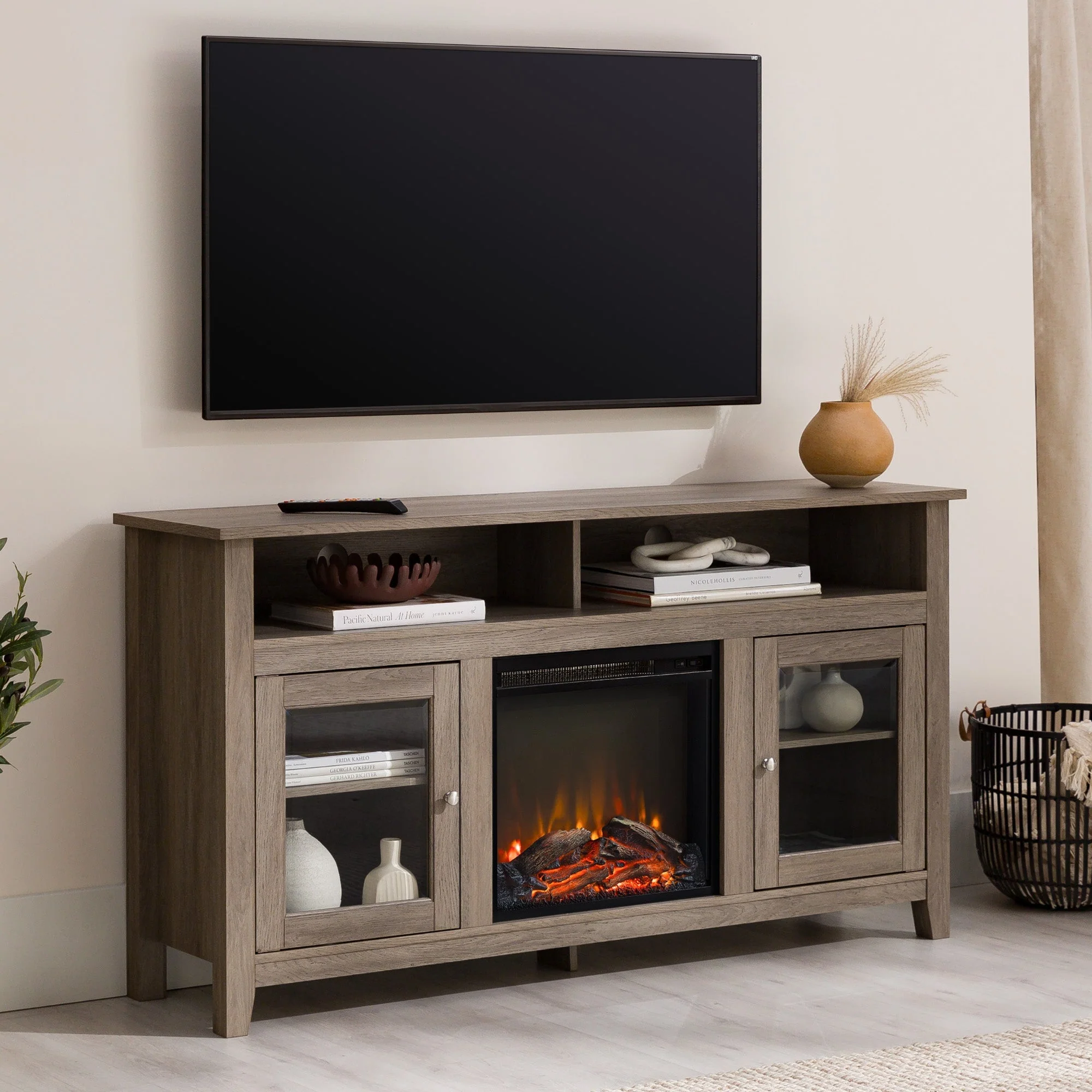 Wasatch 58 Transitional Fireplace Glass Wood TV Stand