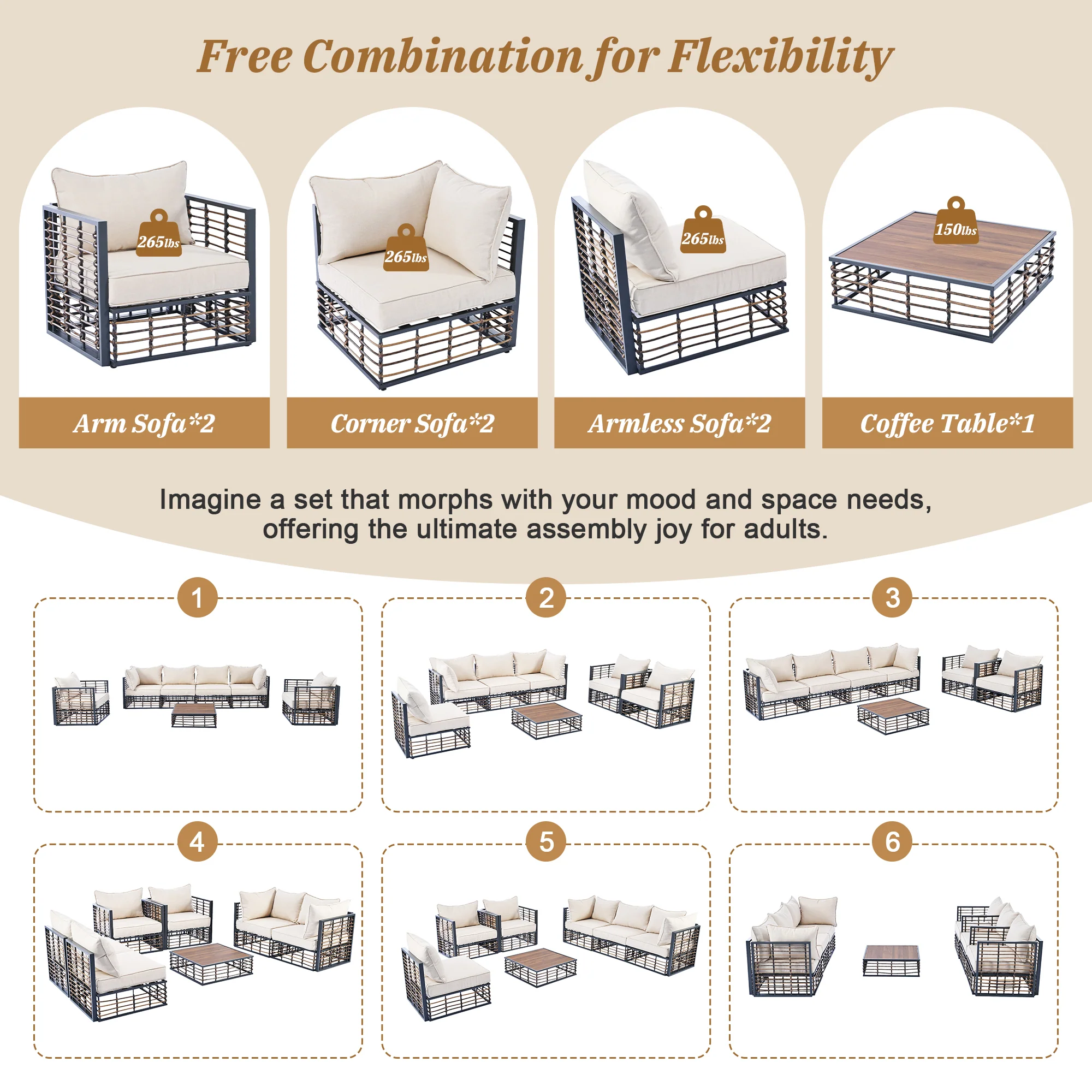 Walker Edison | Modern Minimalist 7-Piece Metal Outdoor Patio Sectional Sofa Set