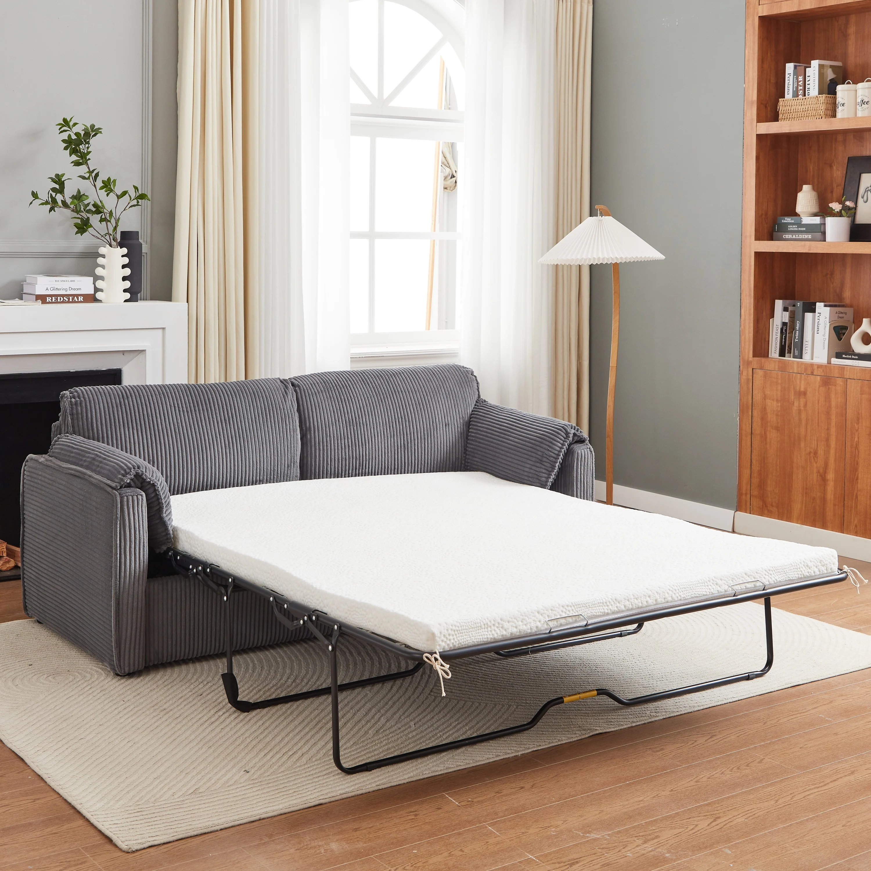 Walker Edison | Futon Grey Corduroy Pull Out Sleeper Sofa Bed