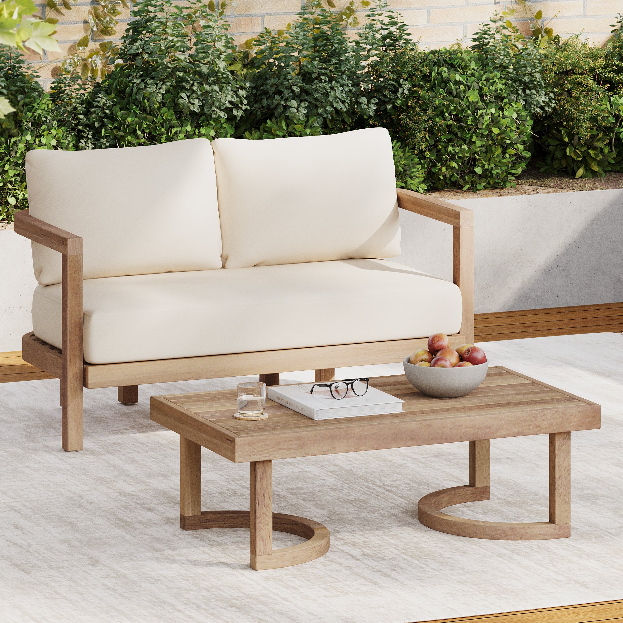 Walker Edison | Modern Outdoor Acacia Wood Patio Loveseat and Coffee Table
