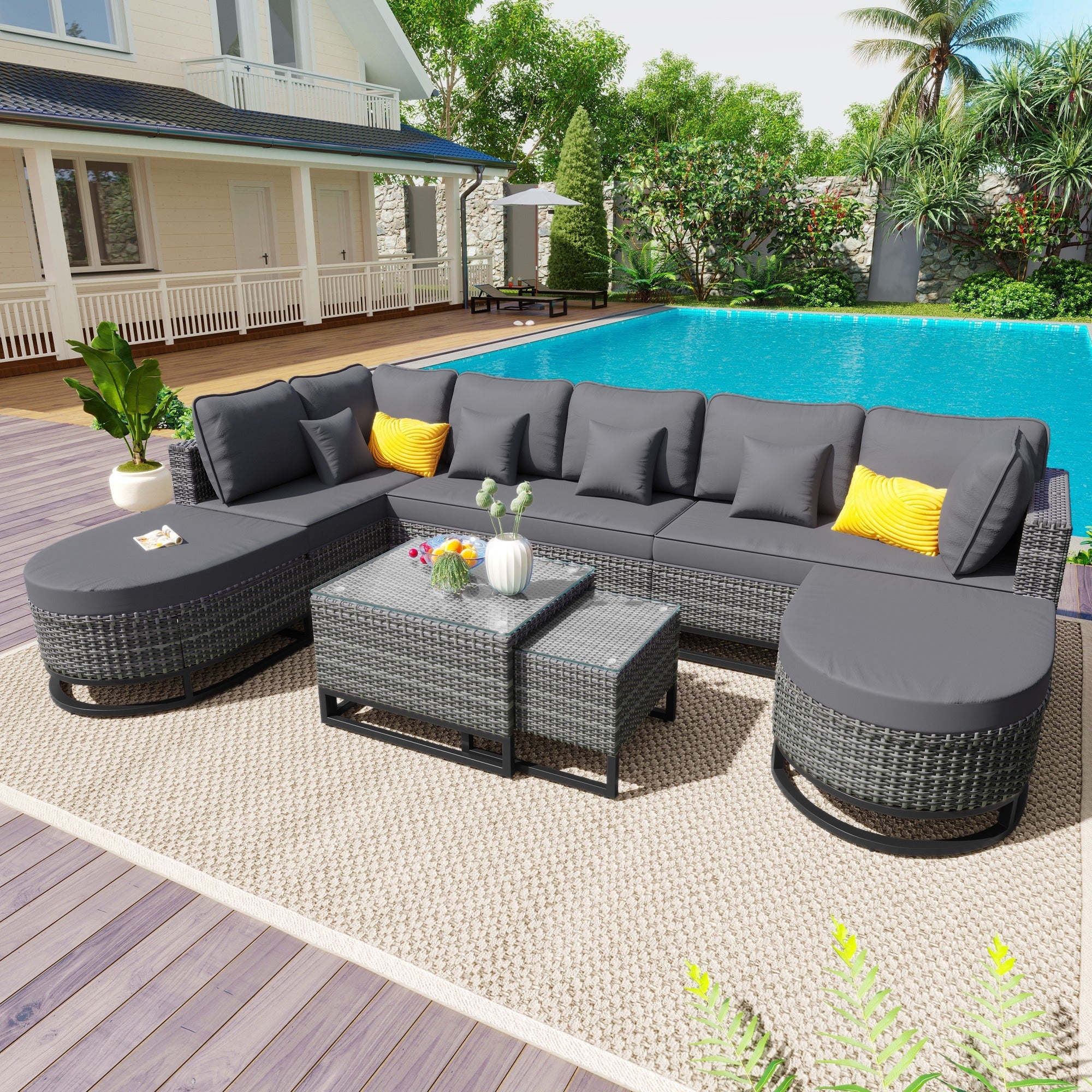 Walker Edison | Outdoor Rattan 7 Pieces Wicker Sofa Set with Coffee Table