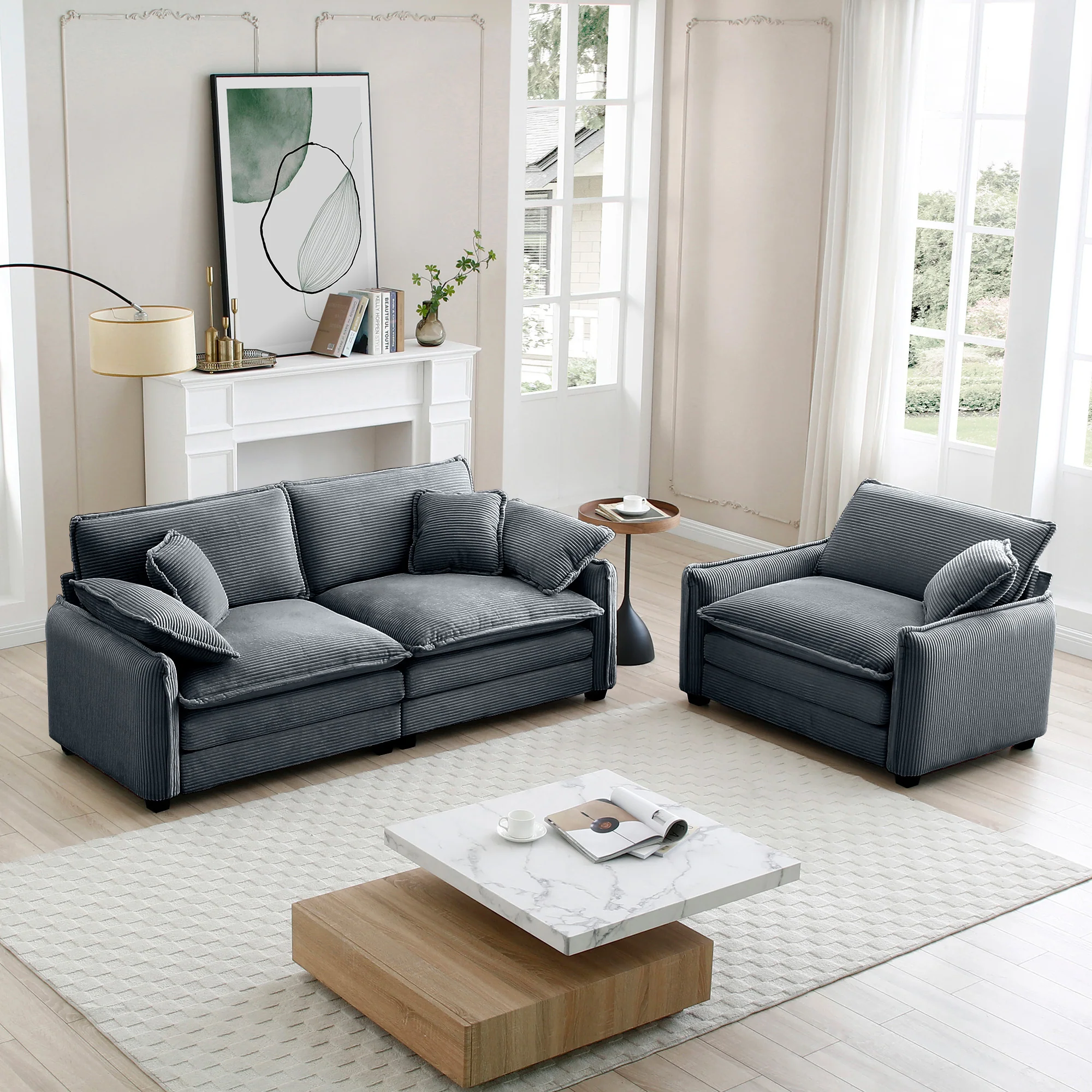 Walker Edison | Corduroy Cloud Loveseat Sofa Set