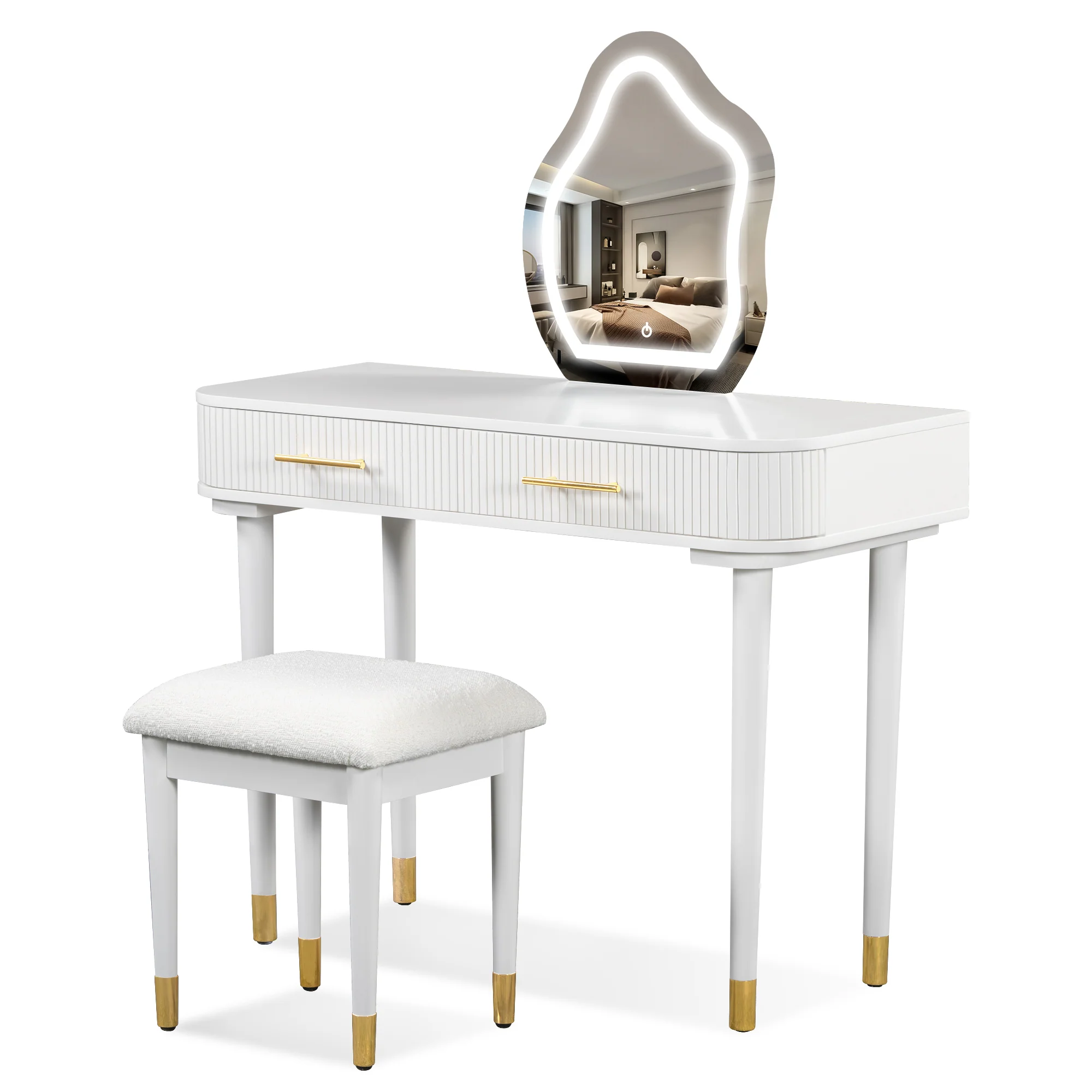 Walker Edison | Modern Vanity Table Set with Cloud Shape Touch Screen Lighted Mirror