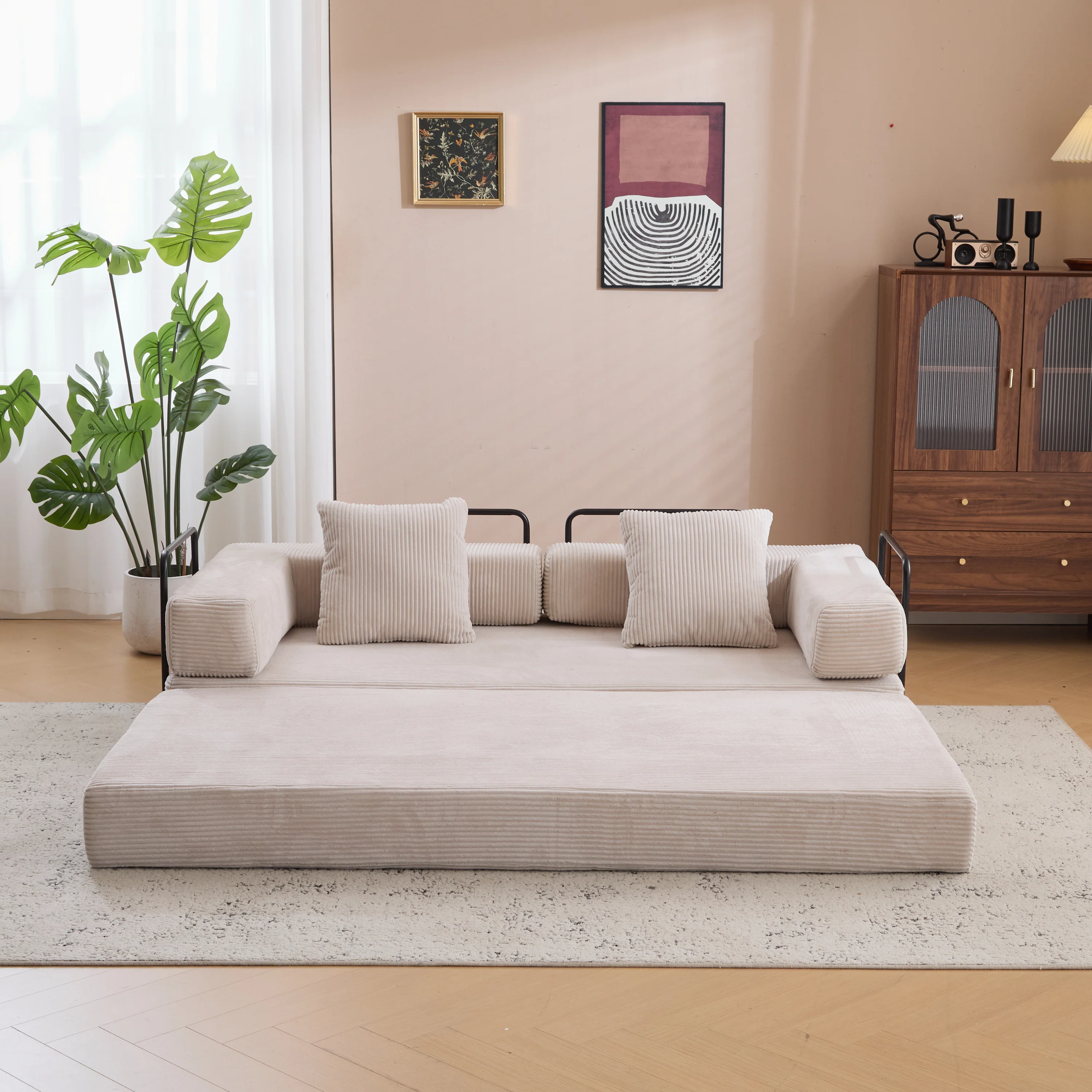 Walker Edison | Futon Corduroy Floor Sofa Bed with Pillows