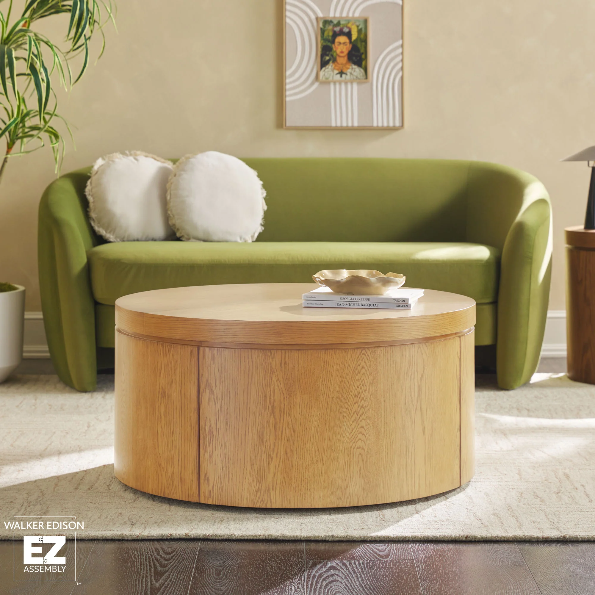 Maya 36 Modern Easy Assembly Round Oak Wood Veneer Coffee table with Storage