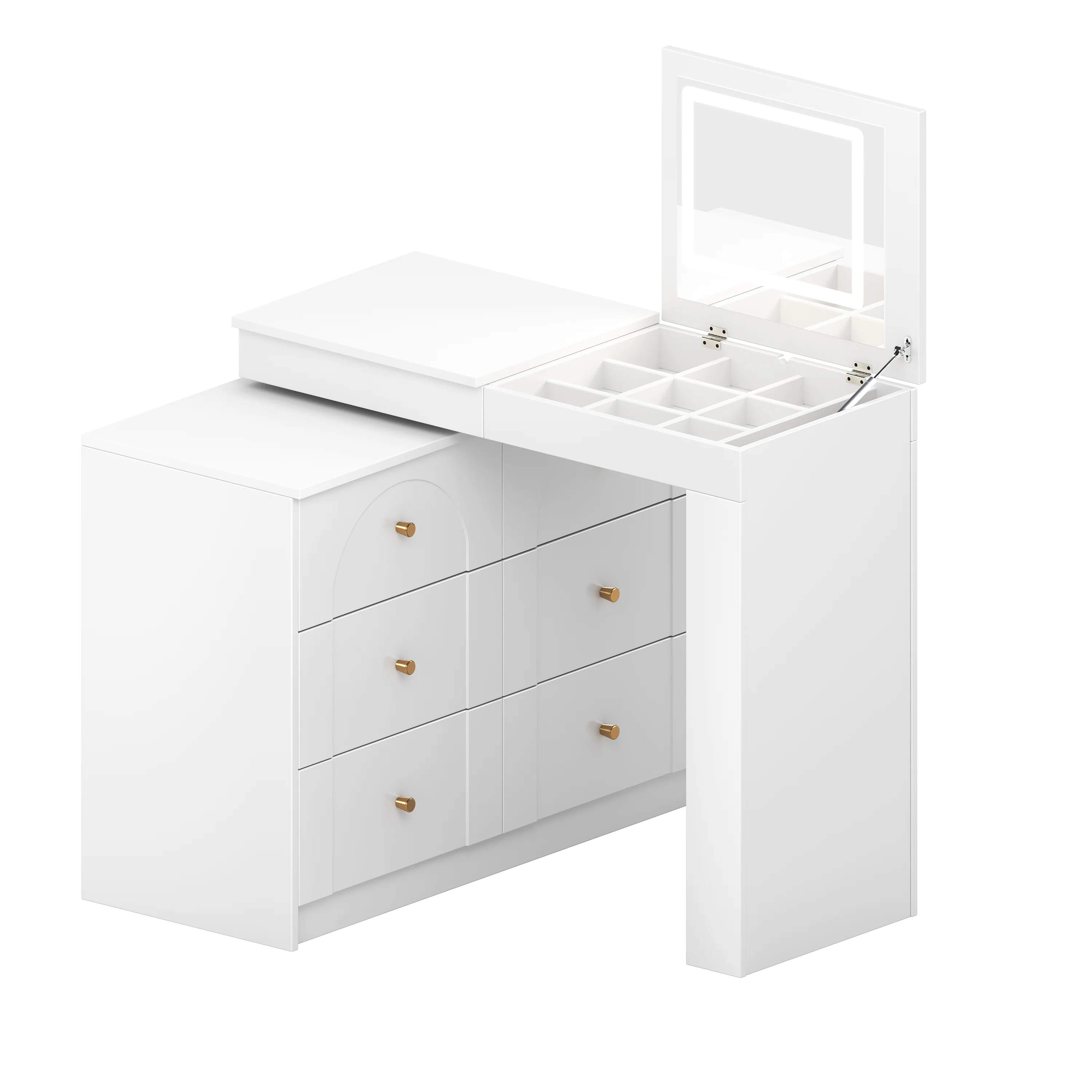 Walker Edison | White Multi-Functional Vanity Desk Dresser Set with Flip Mirror and Lights