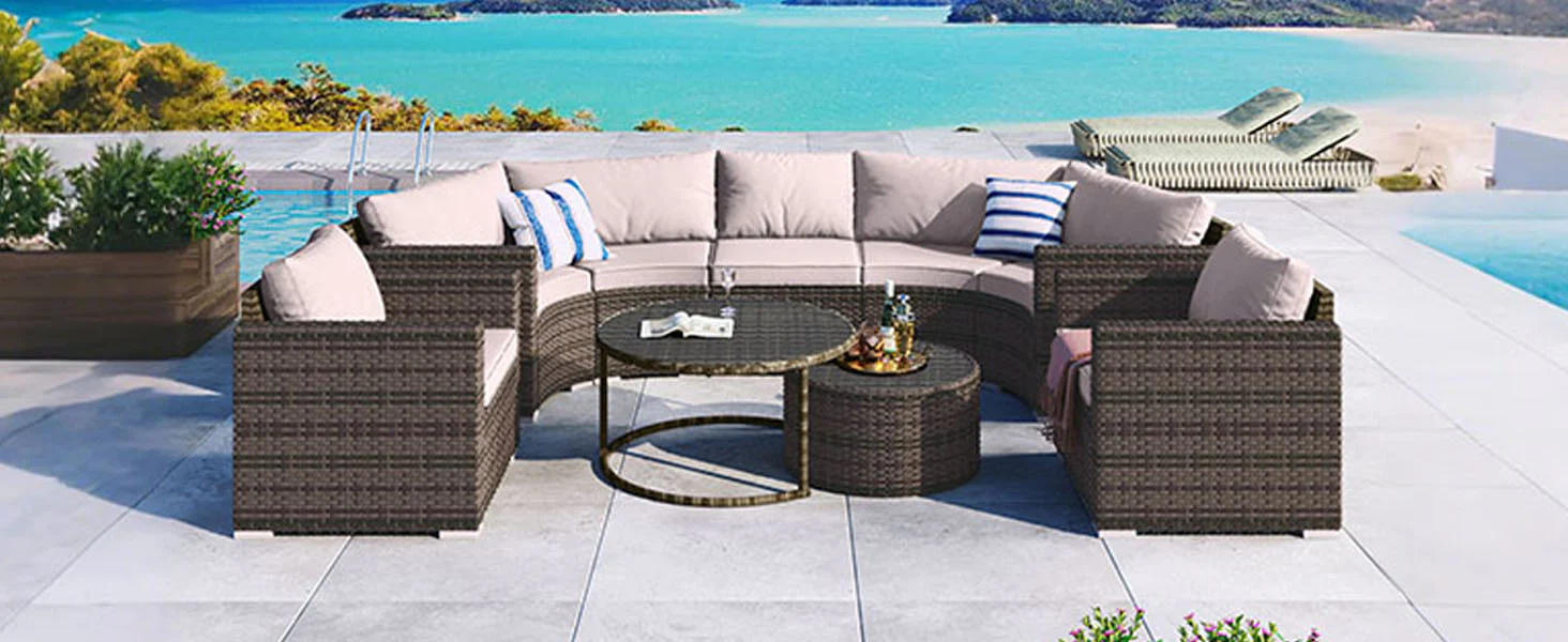 Walker Edison | Half Moon 9-Piece Wicker Outdoor Patio Sofa Set