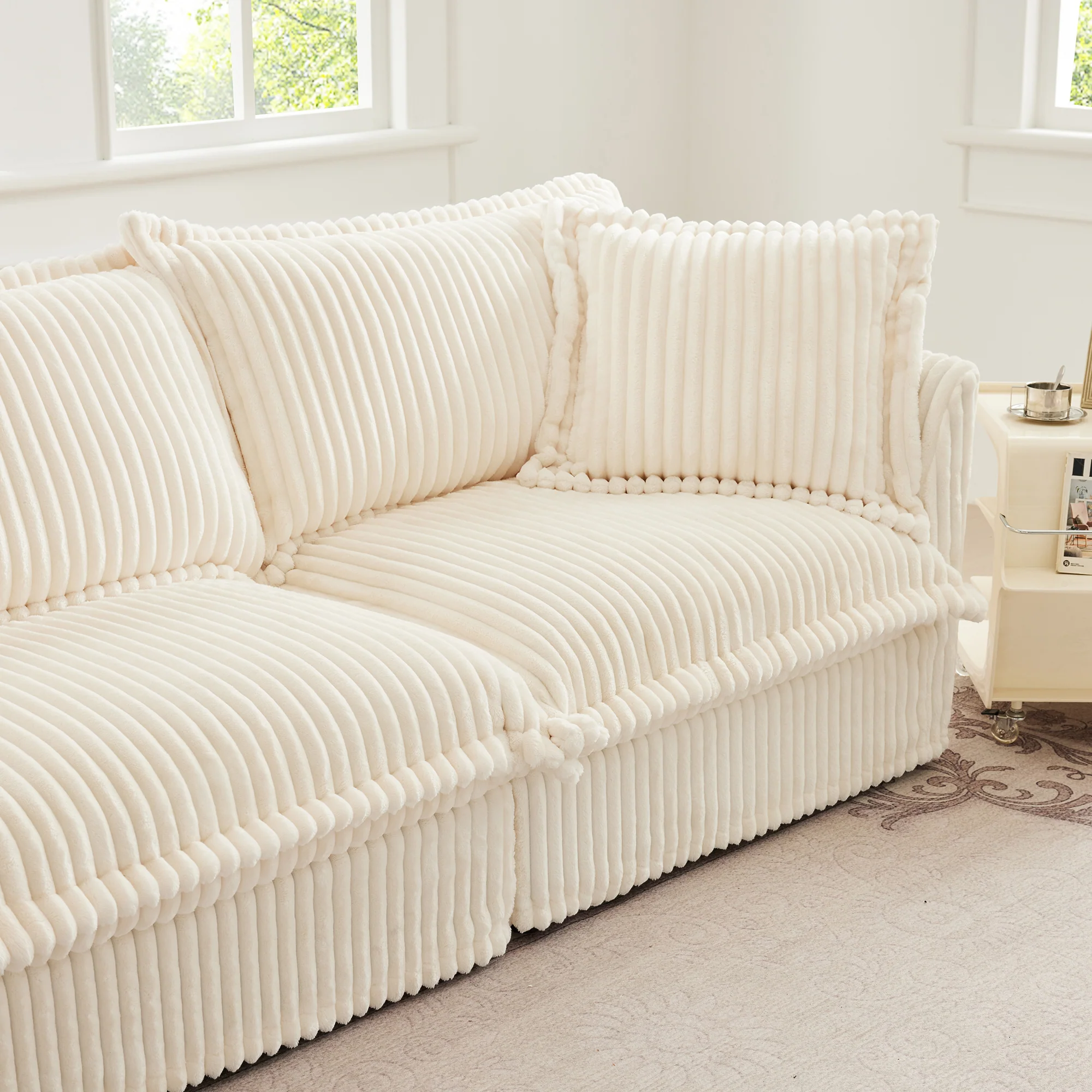 Walker Edison | Cloud Cream Corduroy Slipcovered Sectional Sofa with Ottoman