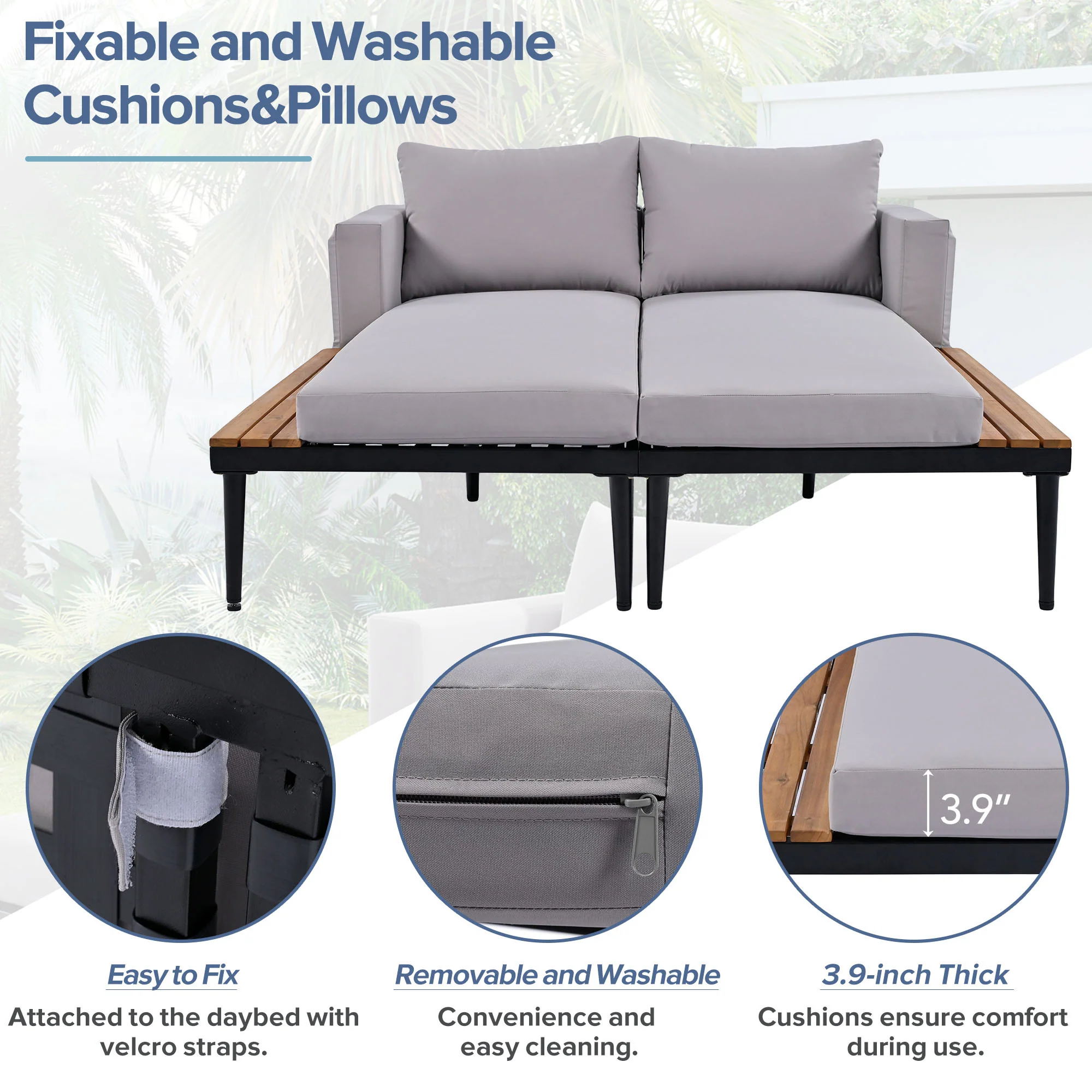 Walker Edison | Modern Outdoor Patio Daybed with Wood Topped Side Tables