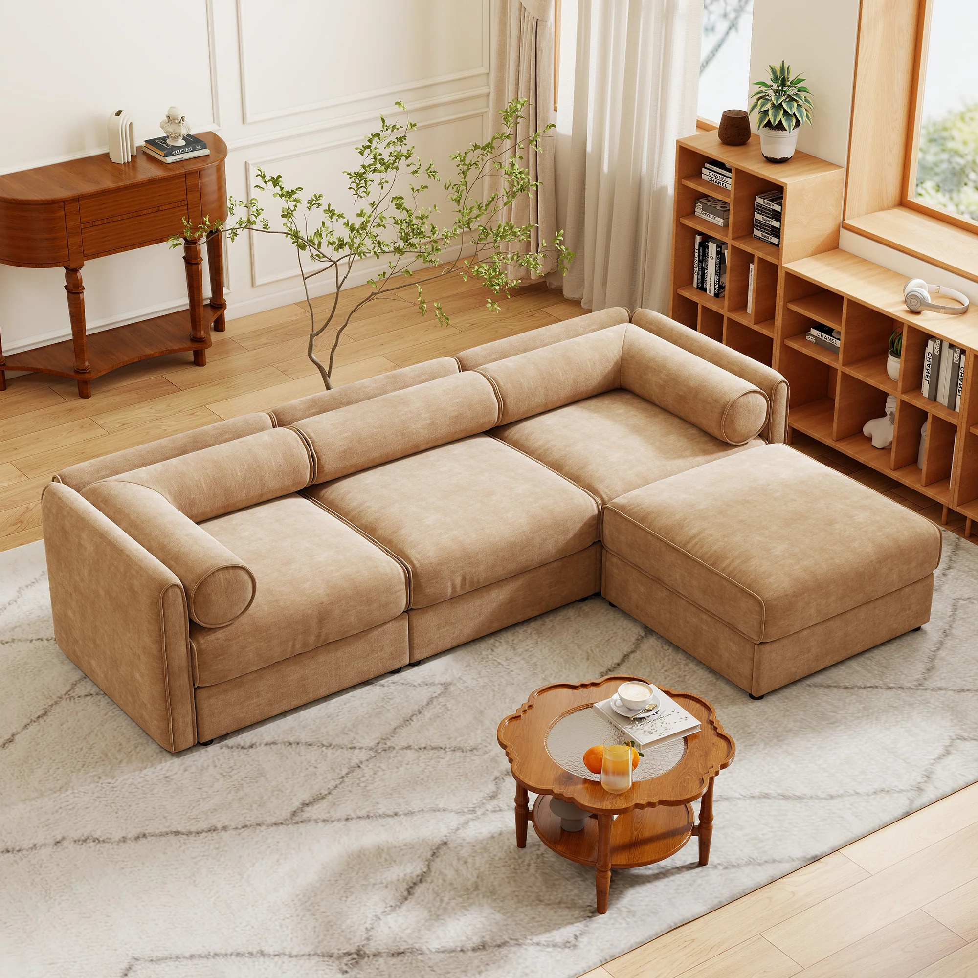 Walker Edison | Elegant Camel Chenille Sofa with Storage Seat and Ottoman