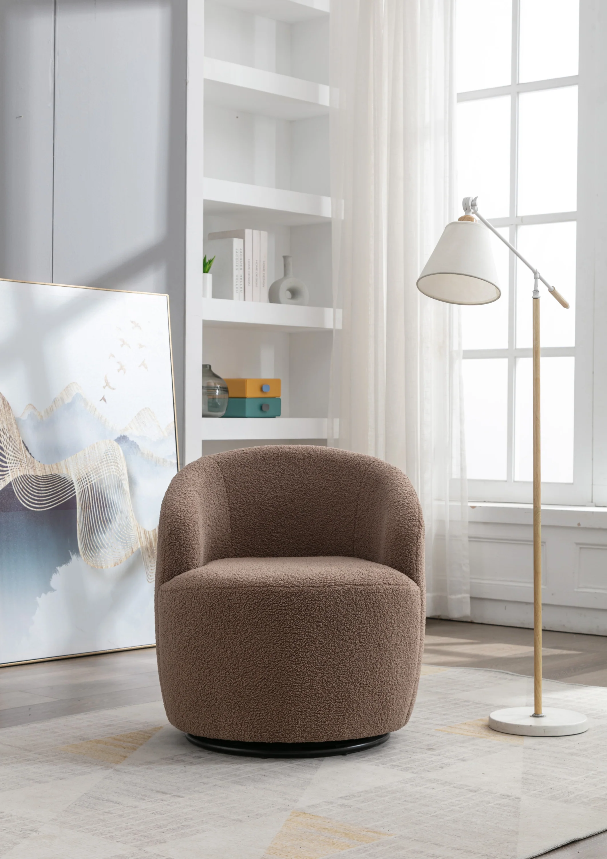 Walker Edison | Teddy Fabric Swivel Accent Armchair Barrel Chair With Black Powder Coating Metal Ring, Coffee Brown