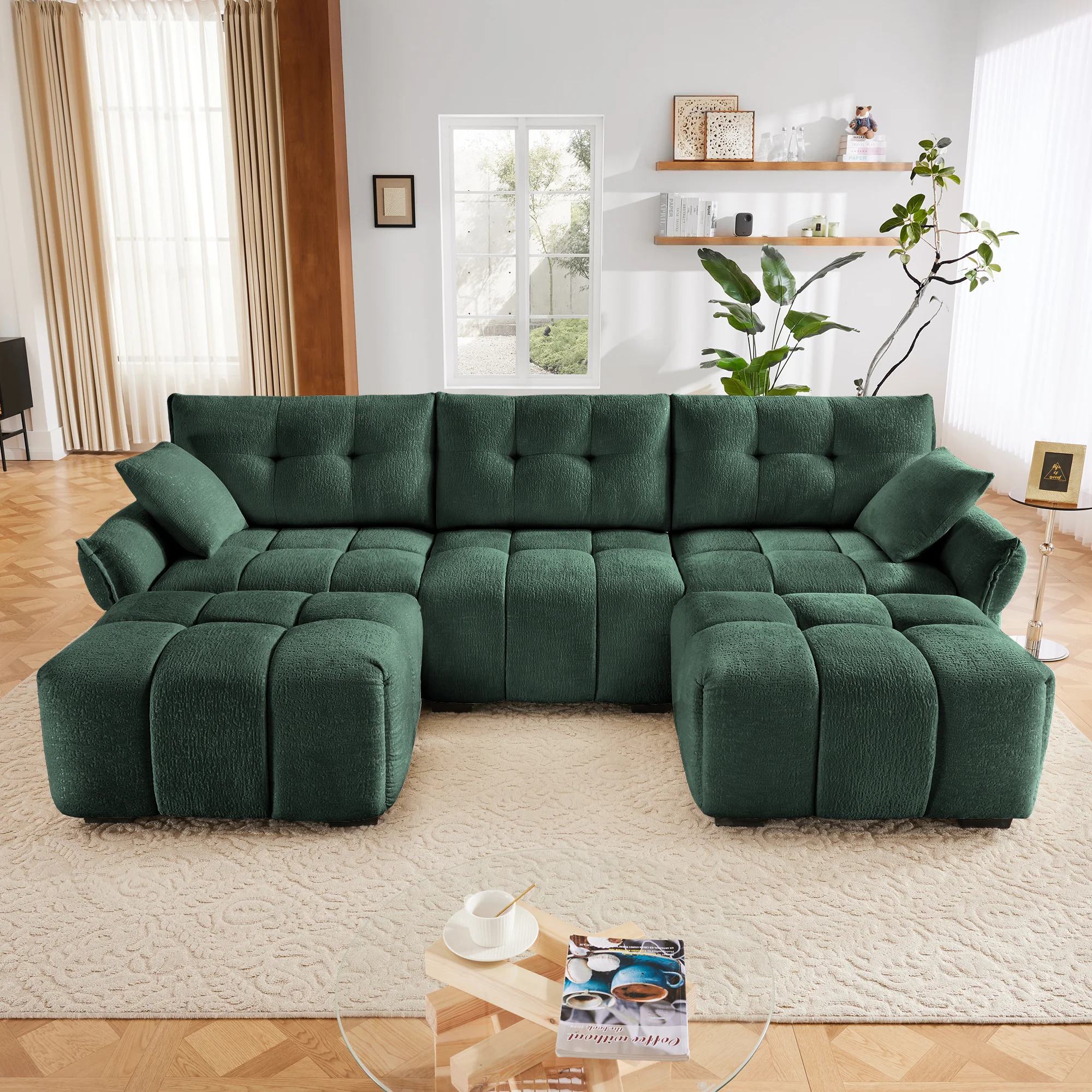 Walker Edison | Green Chenille Tufted Sectional Sofa Set With Ottoman And Throw Pillows