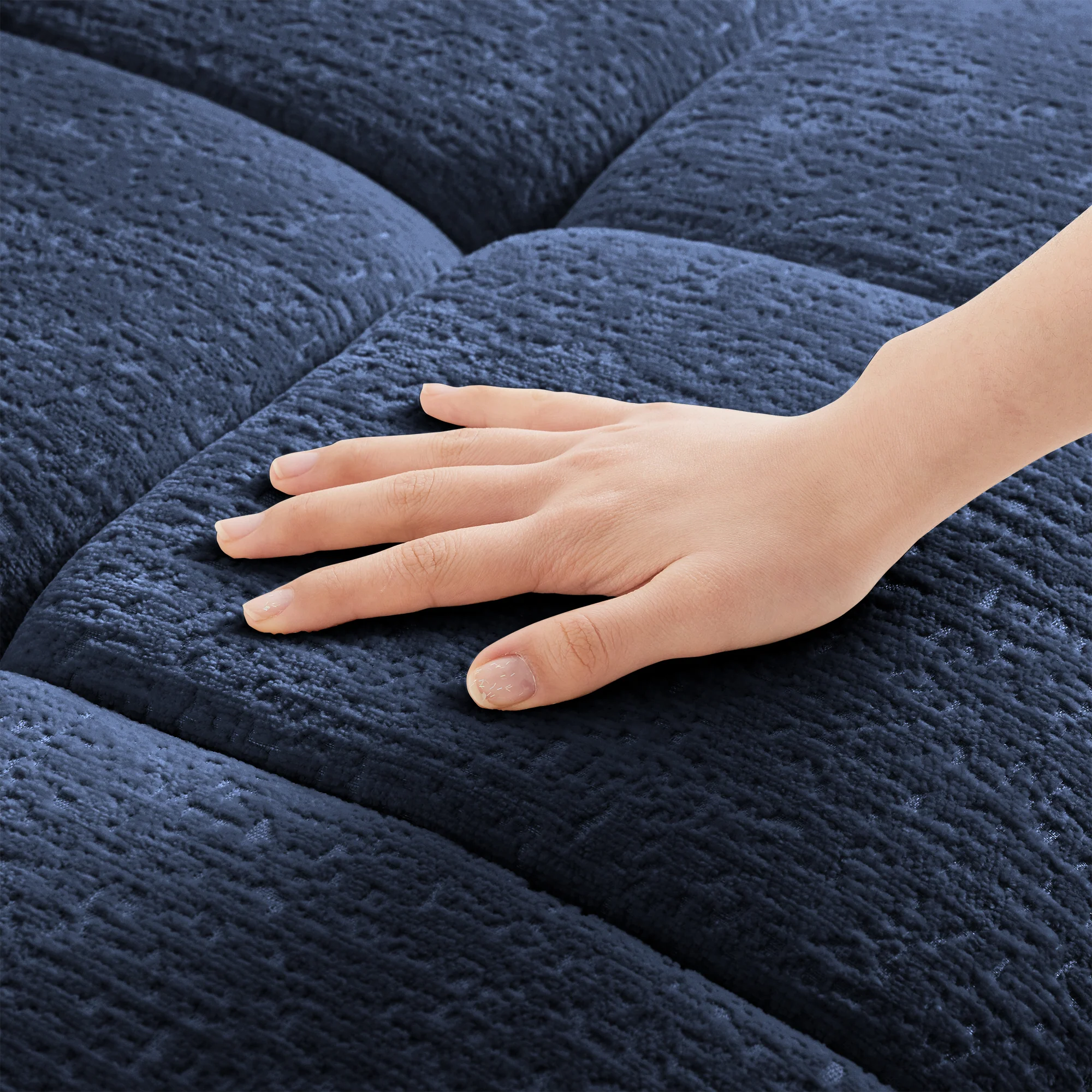 Walker Edison | Elegant Tufted Textured Chenille Blue Sofa Set with Ottoman and Pillows