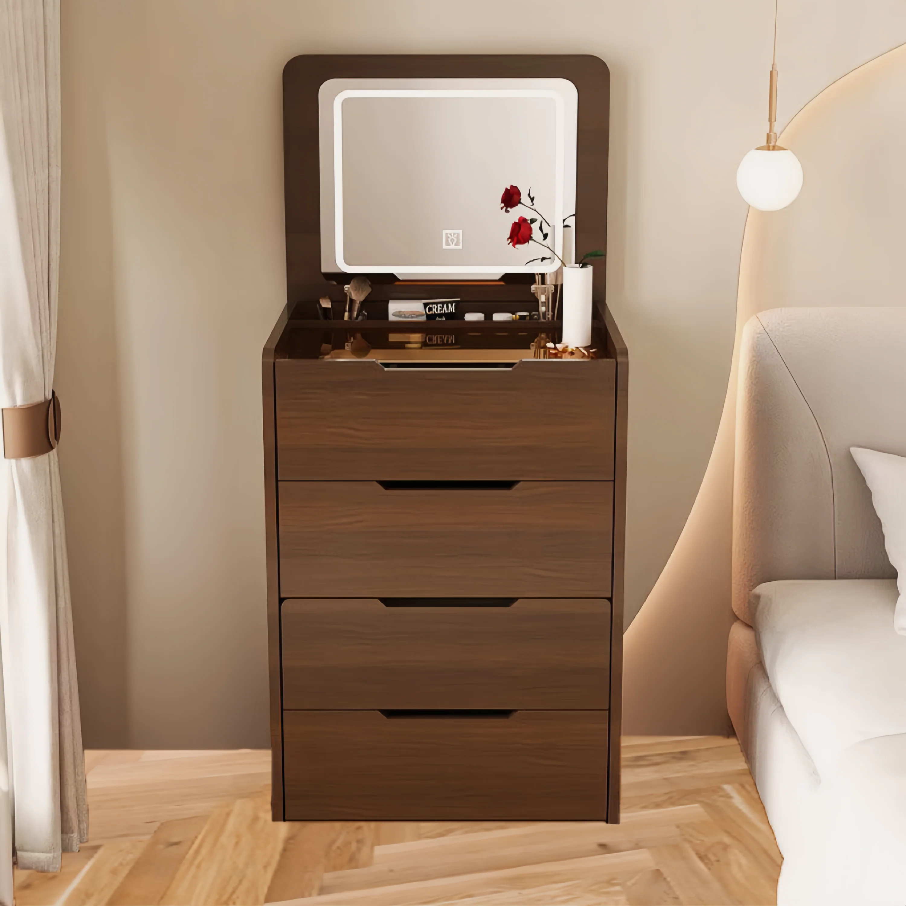 Walker Edison | Walnut 3 in 1 Vanity Desk with Flip Top Mirror & Cushioned Stool