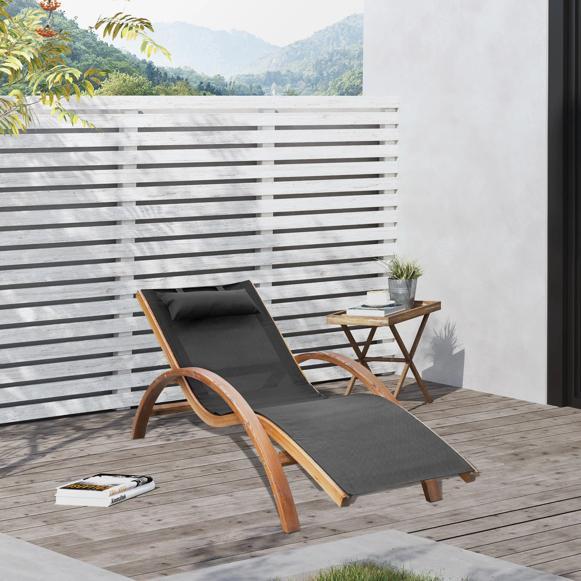 Walker Edison | Mesh Outdoor Chaise Wood Lounge Chair with Pillow