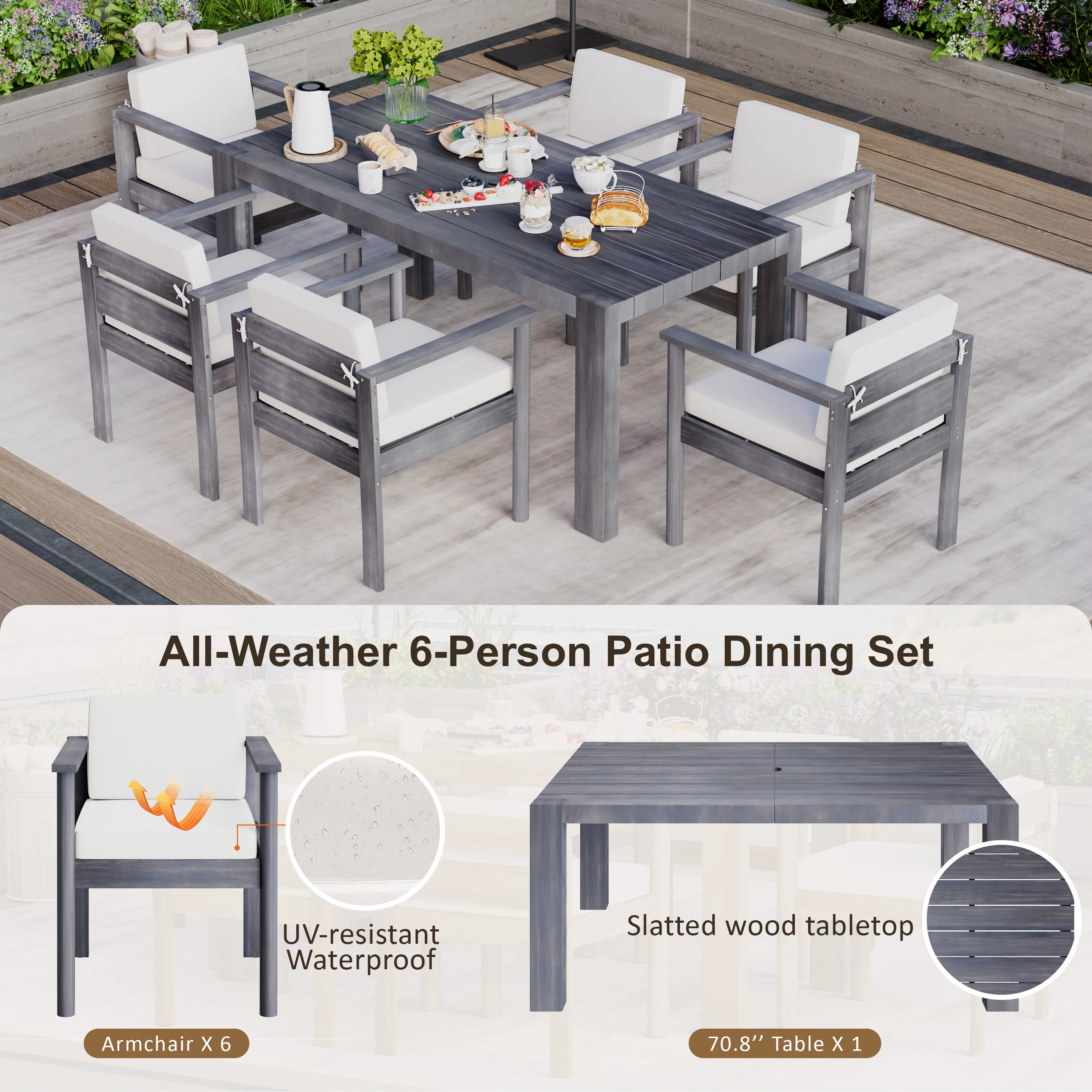 Walker Edison | Grey Wood Outdoor 7-Piece Patio Dining Table Set for 6