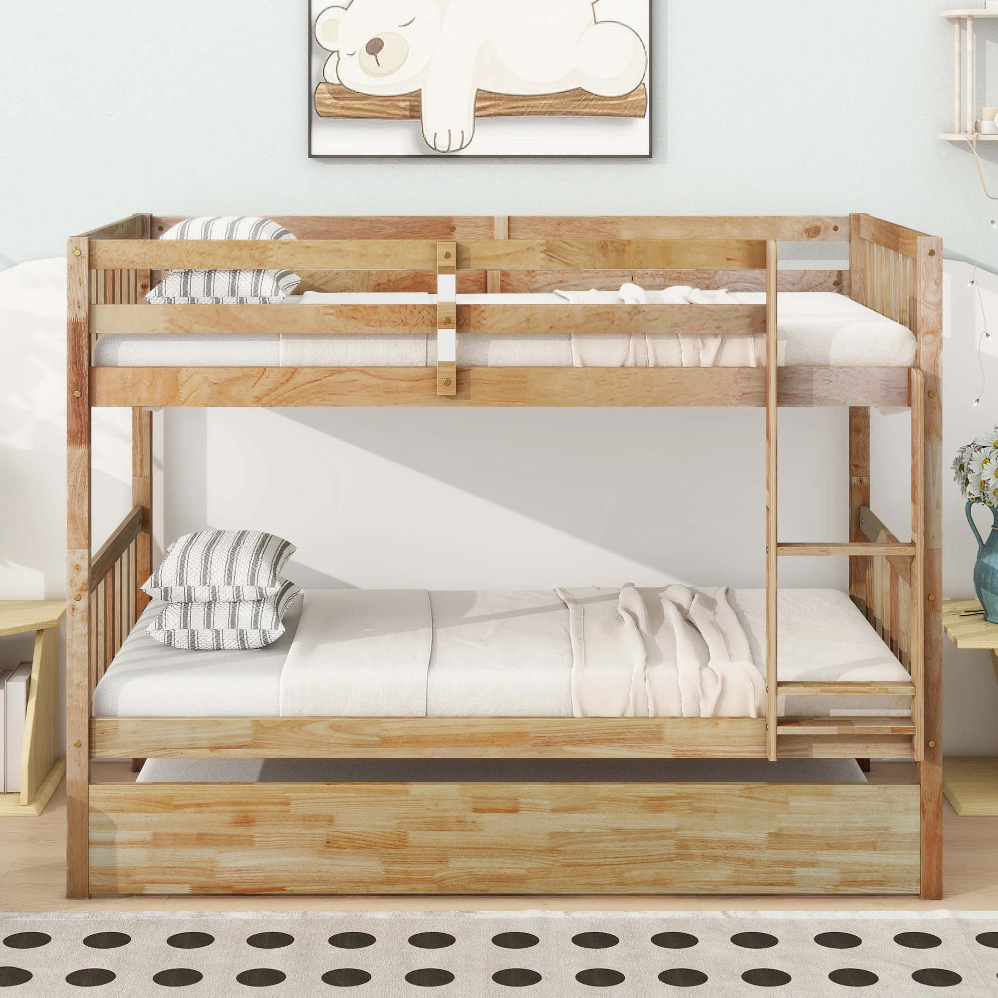 Walker Edison | Convertible Twin Over Twin Bunk Bed with Trundle with Ladder Sleeps 3