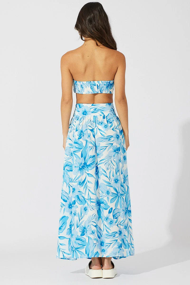 Blue Floral Maxi Skirt Flowy Boho Side Split Skirt