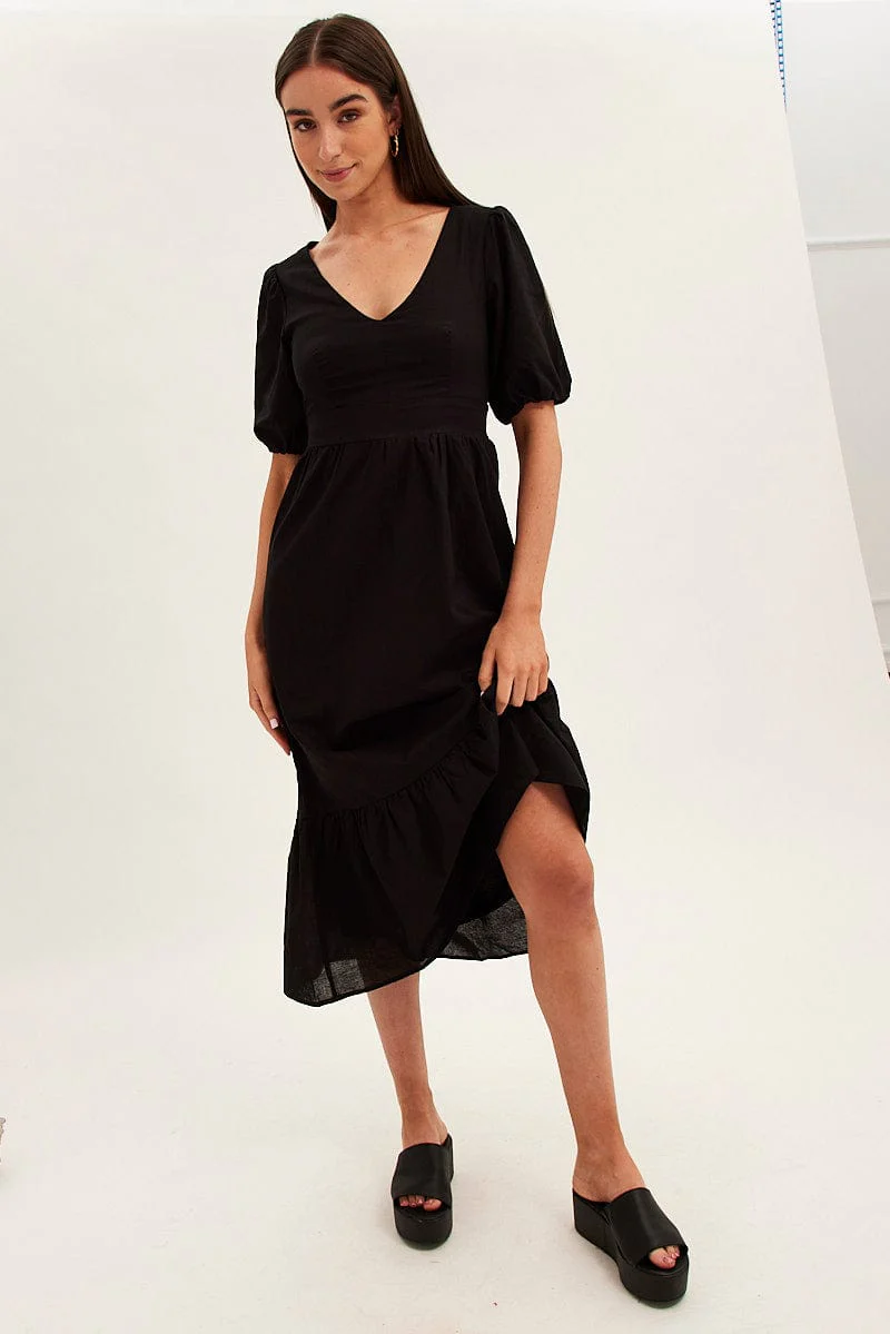 Black Maxi Dress V-Neck Short Sleeve Cotton Blend