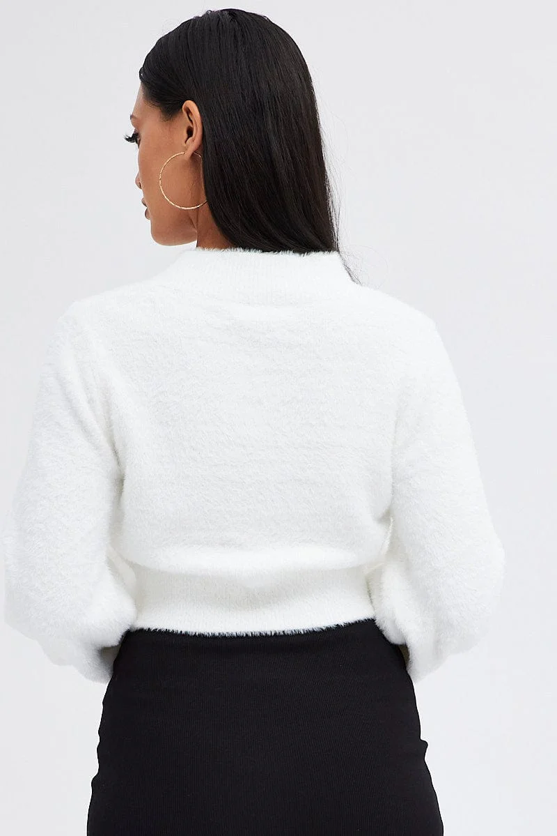 White Fluffy Knit Jumper Long Sleeve