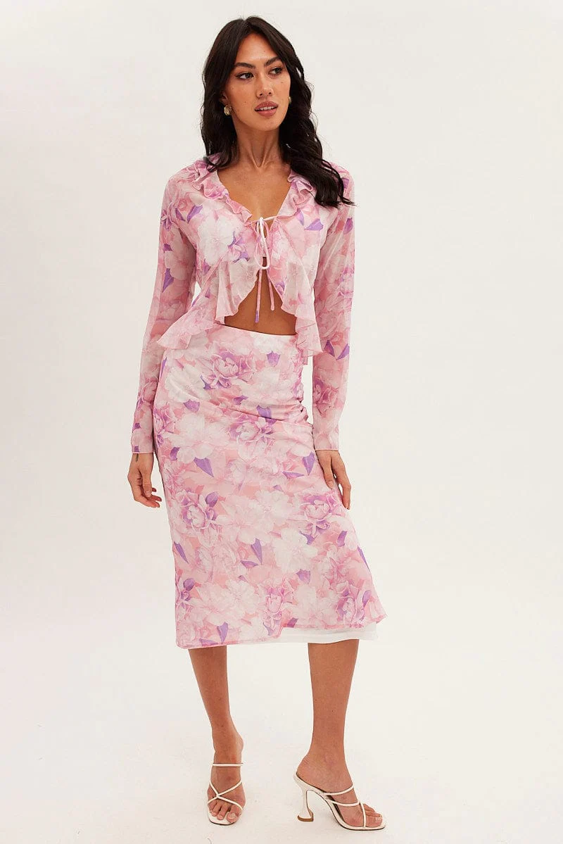 Pink Floral Midi Skirt Floral Printed Chiffon