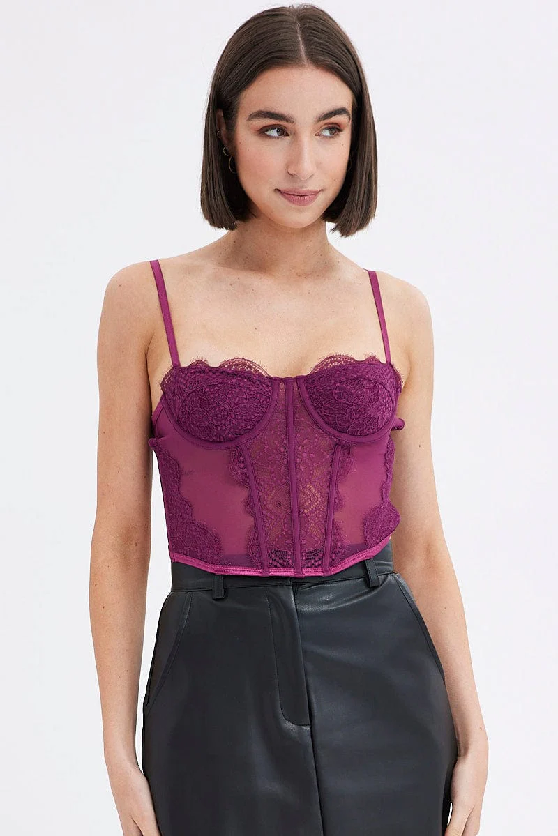 Purple Crop Top Sleeveless Sweetheart Neckline Cami Lace