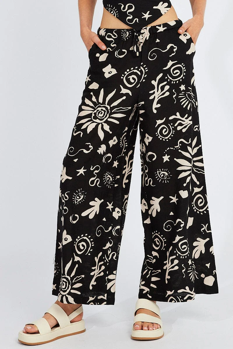 Black Abstract Wide Leg Pants High Rise Linen Blend