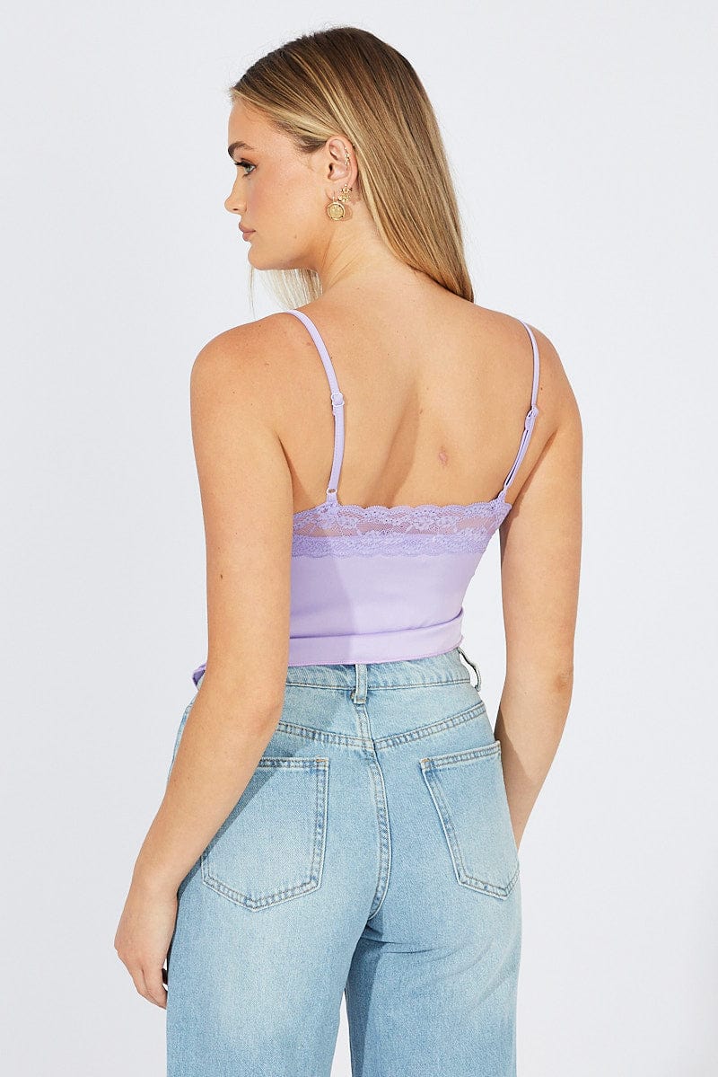 Purple Satin Cami Lace Trim Neck