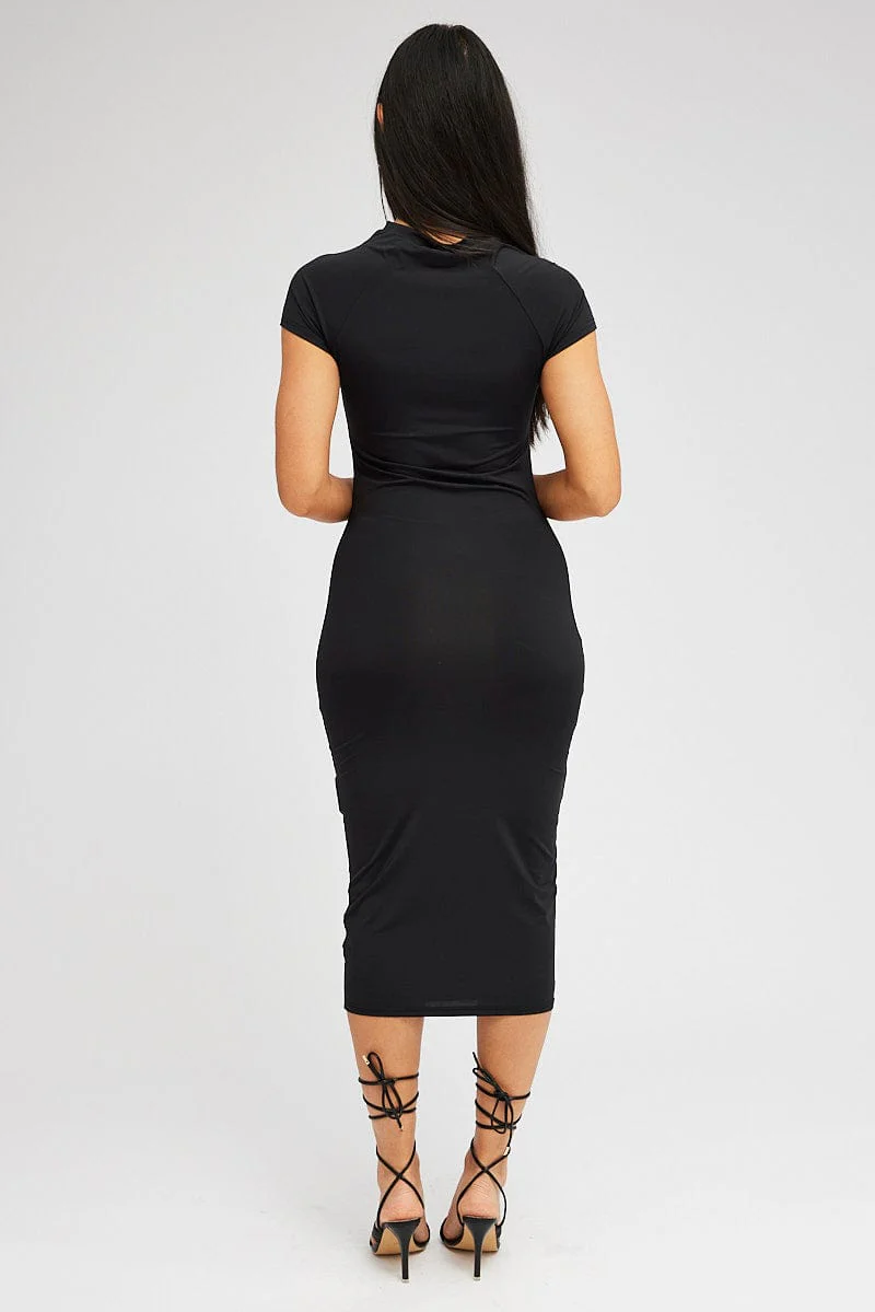 Black Midi Dress Short Sleeve Crew Neck Bodycon Graphic
