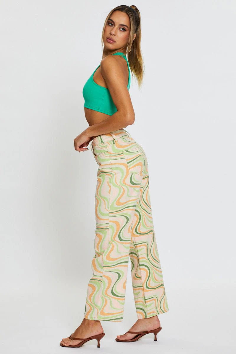 Marble Print Straight Denim Jeans High Rise