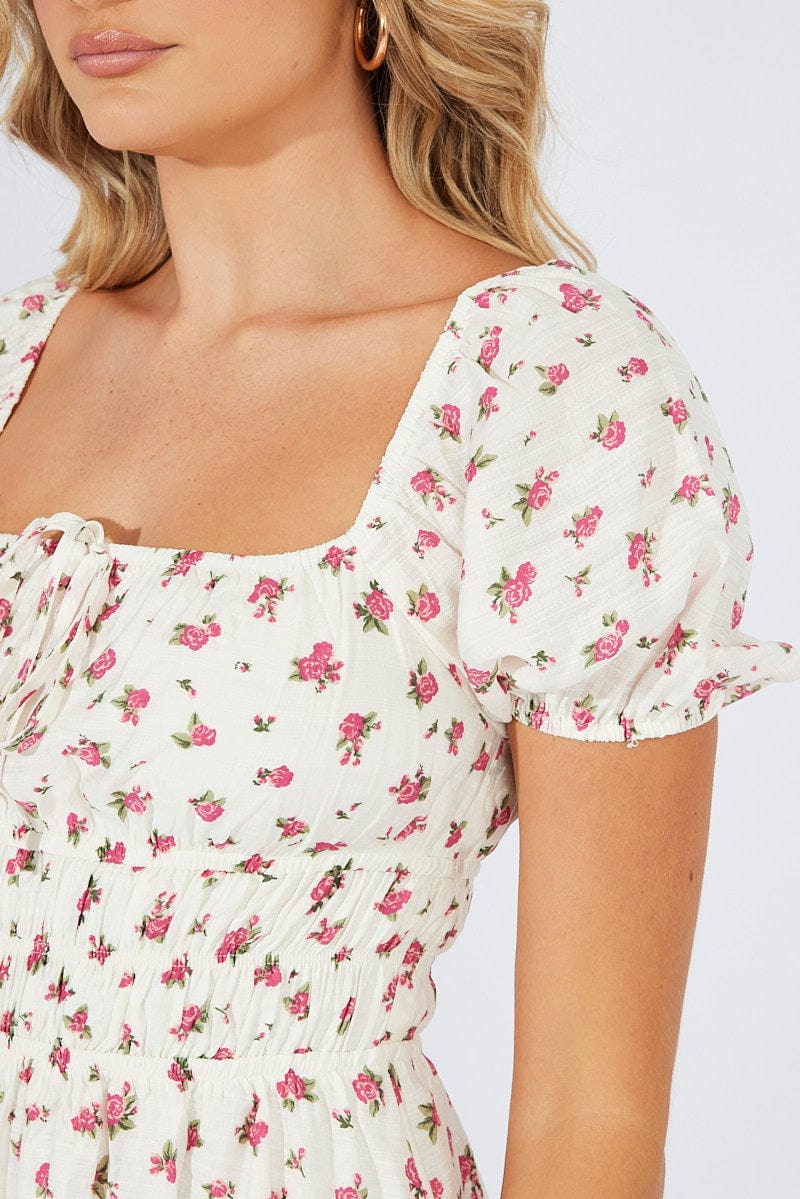 White Floral Fit And Flare Dress Puff Sleeve Mini