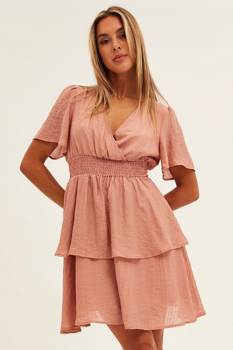 Pink Tiered Dress Flutter Sleeve Wrap Front Tiered Hem