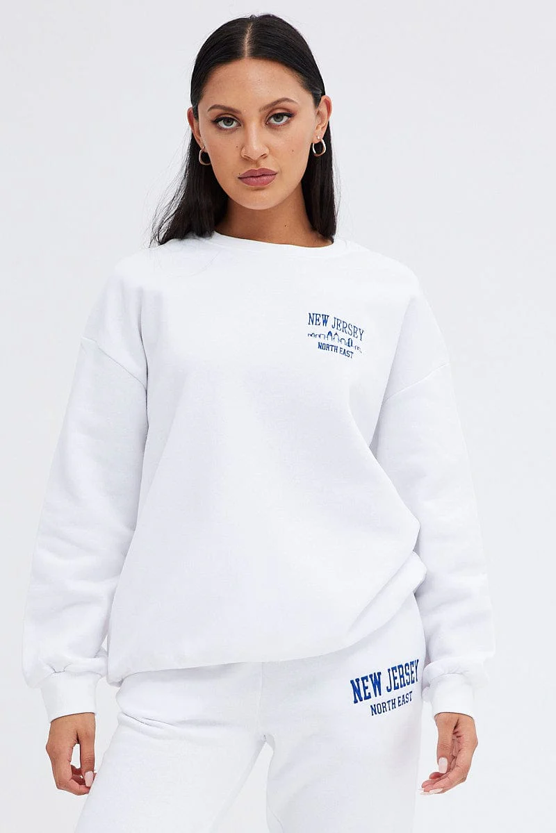 White Graphic Sweater Long Sleeve Slightly Stretch