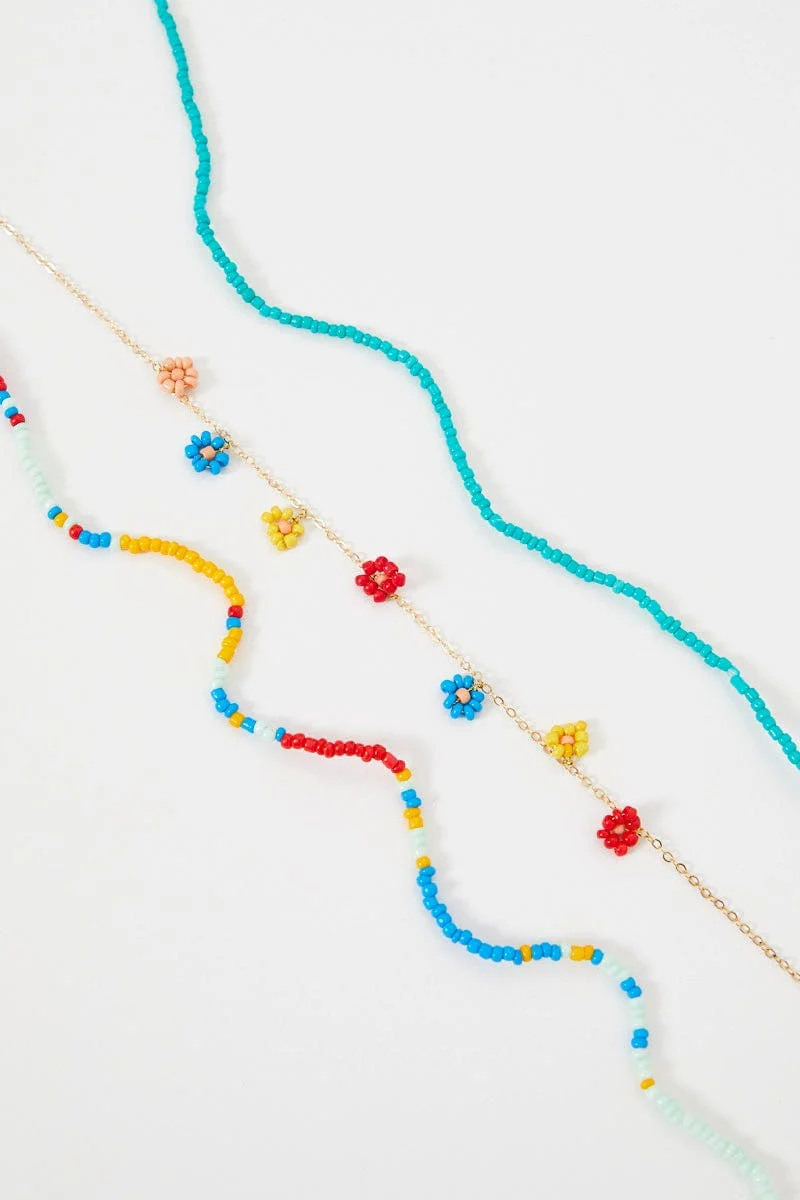 Multi Beaded Flower Multi Necklace