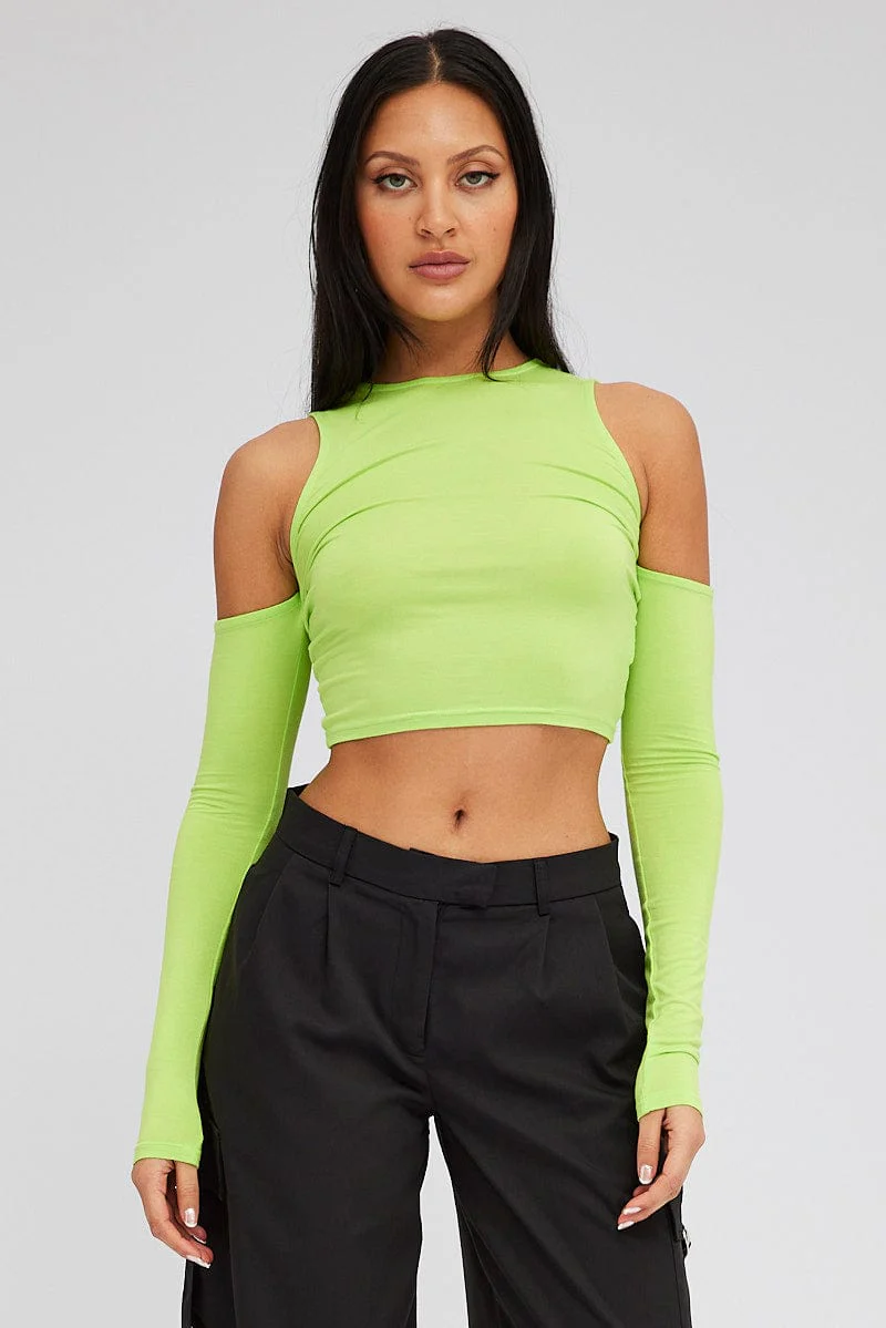 Green Top Long Sleeve Mock Neck Cold Shoulder Jersey