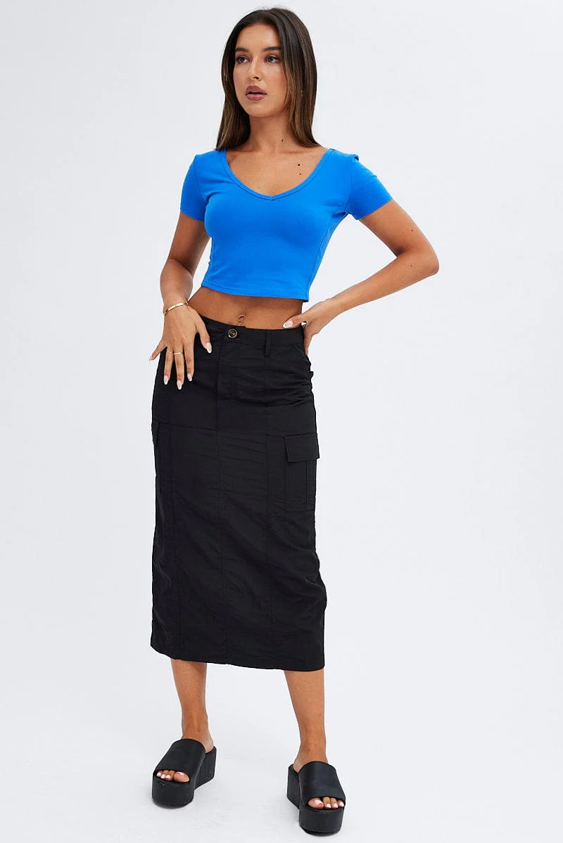 Blue Corset Detail T shirt Short sleeve Scoop neck