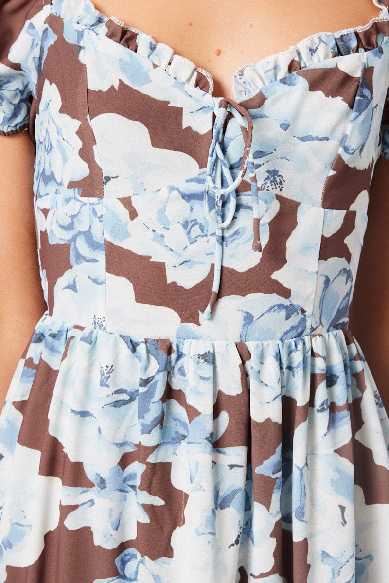 Multi Floral Maxi Dress Puff Sleeve