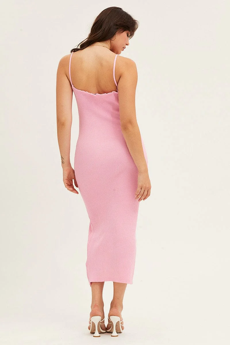 Pink V Neck Kint Midi Dress