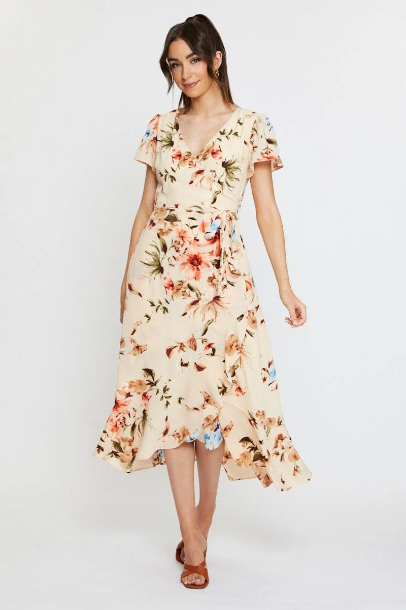 Print Midi Dress Short Sleeve V Neck