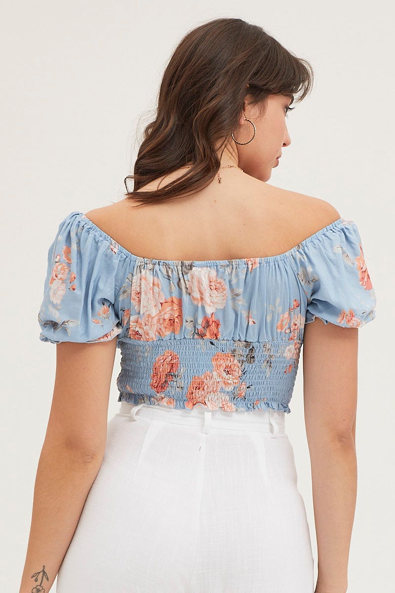 Print Crop Top Short Sleeve Shirred Waist