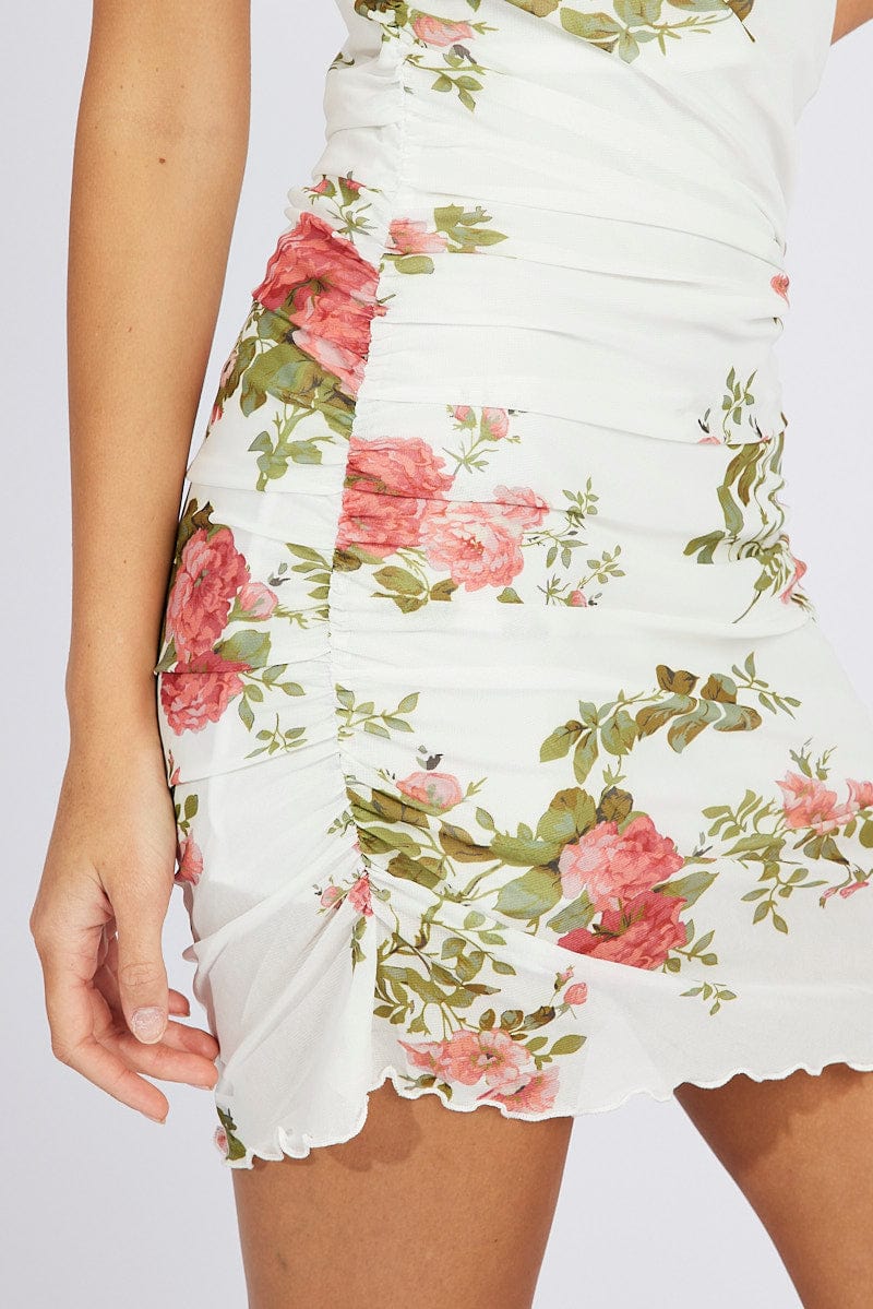 White Floral Bodycon Dress Ruffle Mesh
